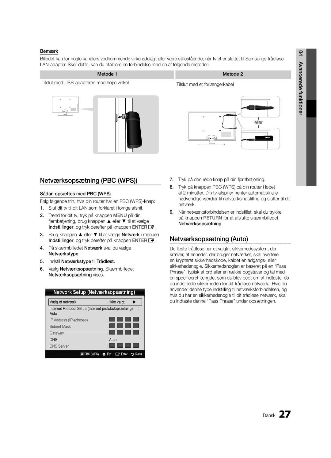 Samsung UE32C5100QWXXN, UE46C5100QWXZG, UE40C5100QWXXN manual Netværksopsætning PBC WPS, Network Setup Netværksopsætning 