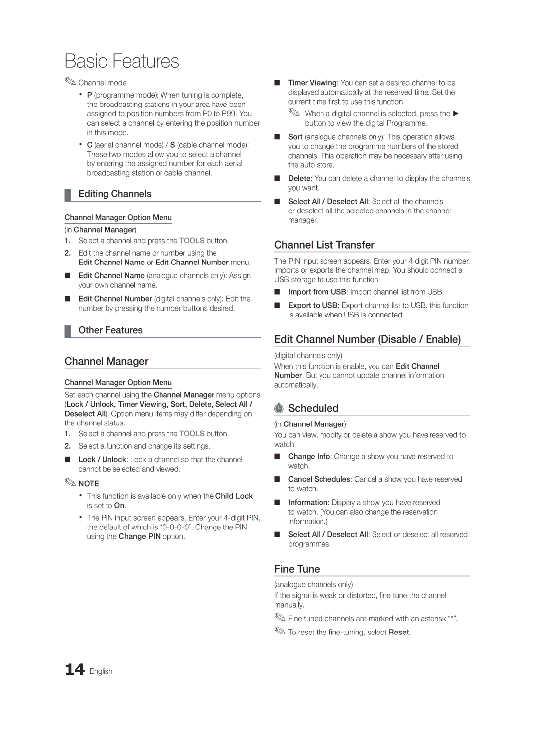 Samsung UE40C5100QWXZF, UE46C5100QWXZG Channel List Transfer, Edit Channel Number Disable / Enable, Scheduled, Fine Tune 