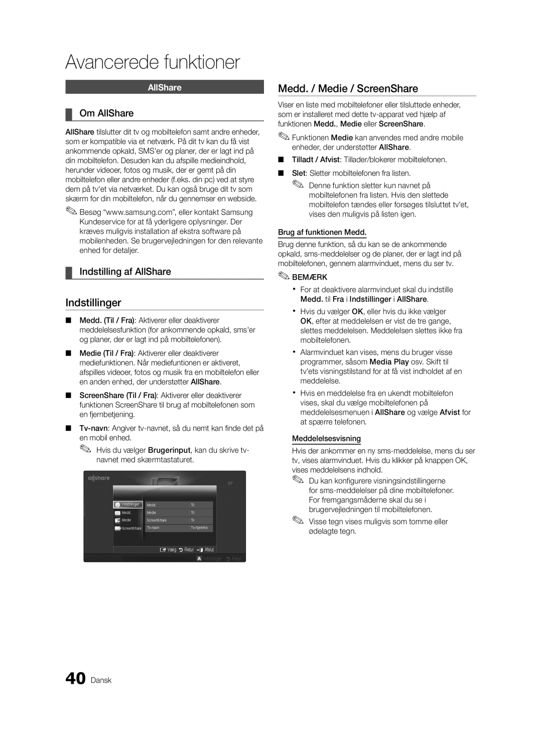 Samsung UE32C5100QWXZF, UE46C5100QWXZG, UE40C5100QWXXN Indstillinger, Medd. / Medie / ScreenShare, Indstilling af AllShare 