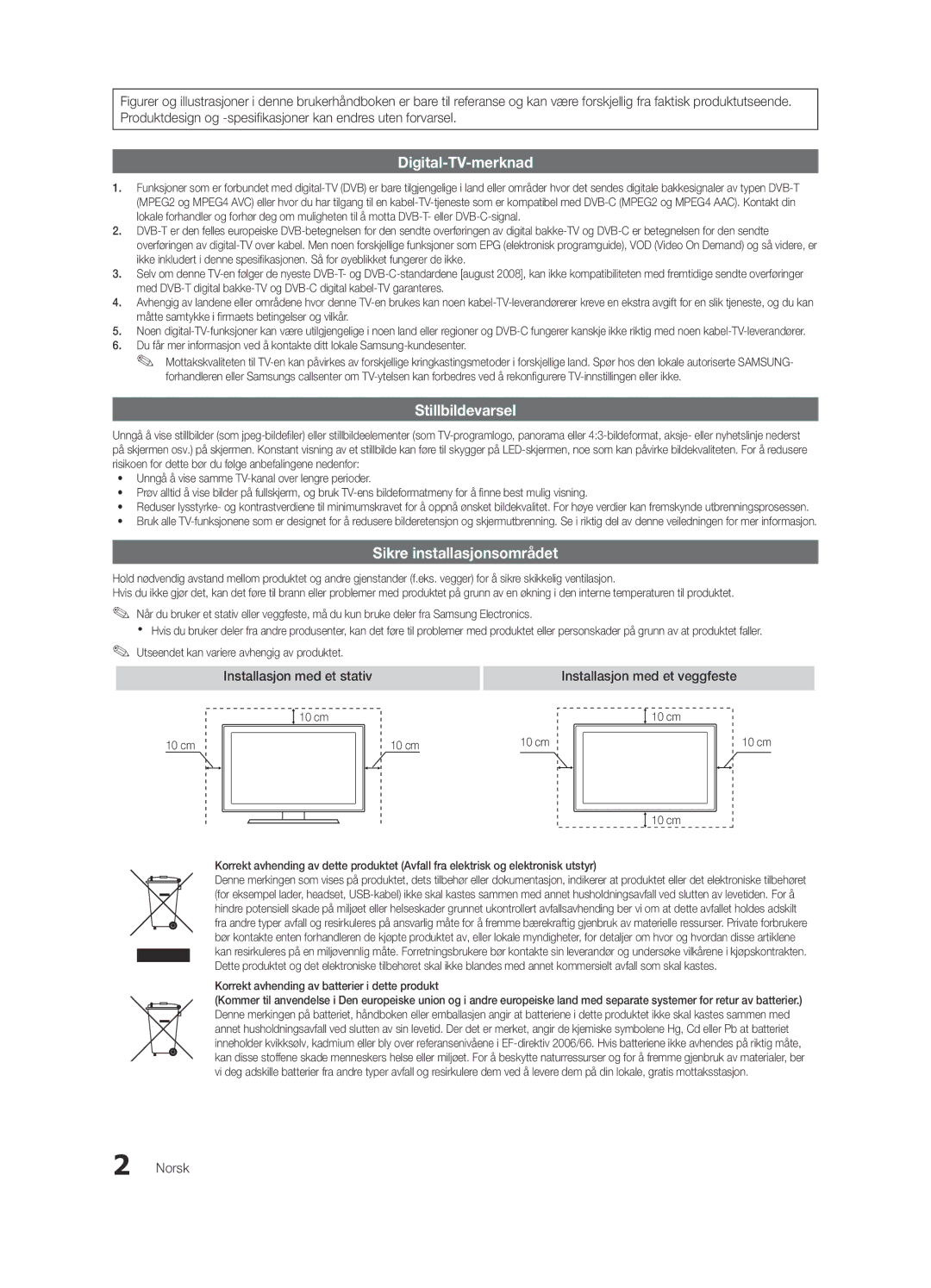 Samsung UE32C5100QWXXN, UE46C5100QWXZG, UE40C5100QWXXN manual Installasjon med et stativ Installasjon med et veggfeste, Norsk 