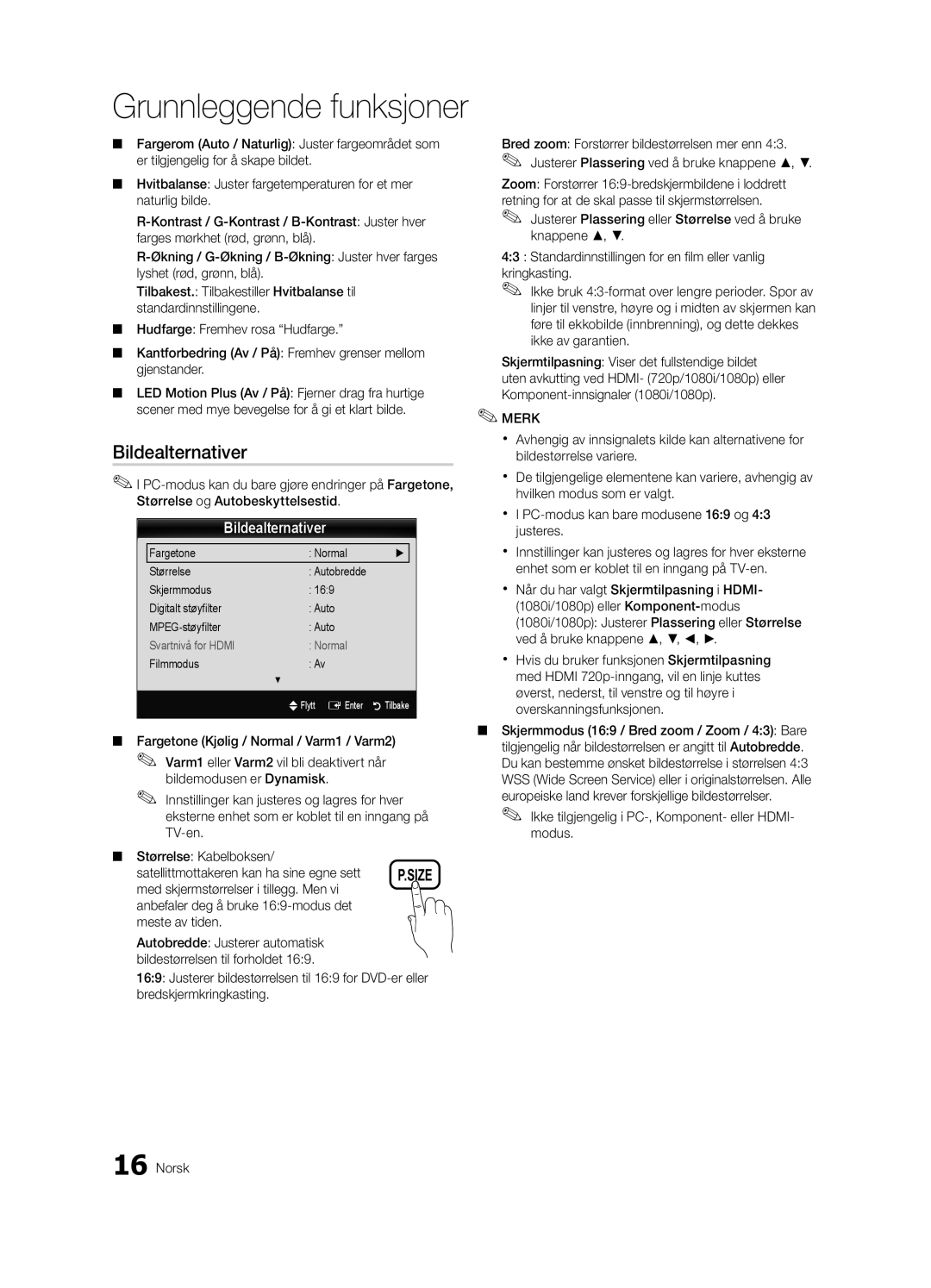 Samsung UE40C5100QWXZT, UE46C5100QWXZG manual Bildealternativer, Ikke tilgjengelig i PC-, Komponent- eller HDMI- modus Norsk 