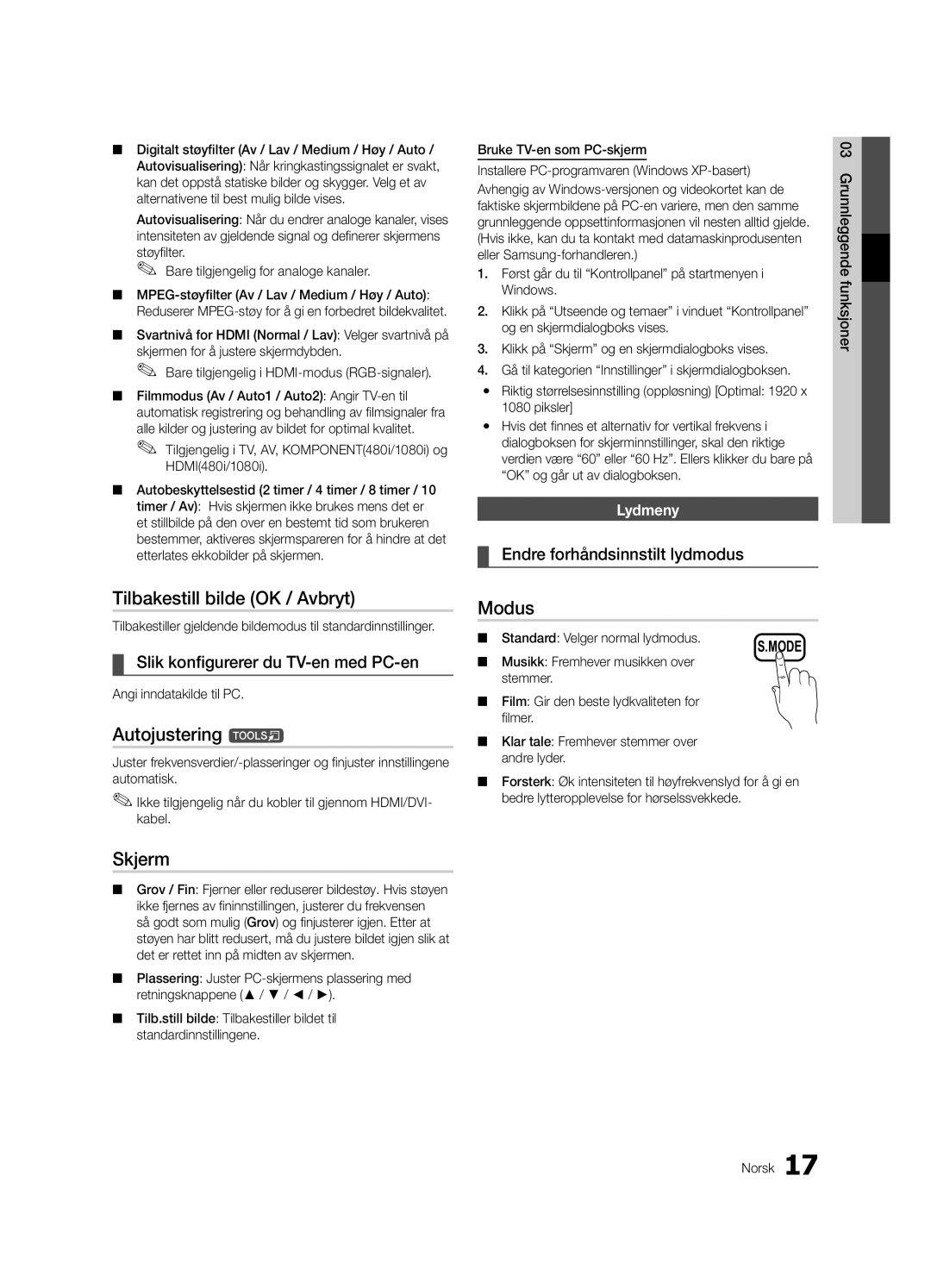 Samsung UE37C5100QWXZT, UE46C5100QWXZG Tilbakestill bilde OK / Avbryt, Skjerm, Endre forhåndsinnstilt lydmodus, Lydmeny 