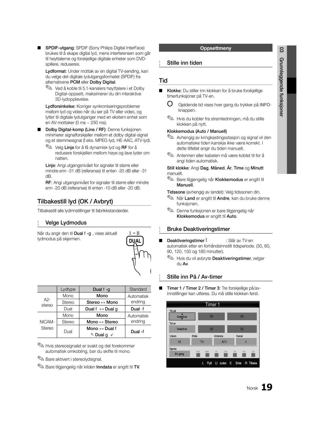 Samsung UE46C5100QWXZT manual Tilbakestill lyd OK / Avbryt, Velge Lydmodus, Stille inn tiden, Bruke Deaktiveringstimer 