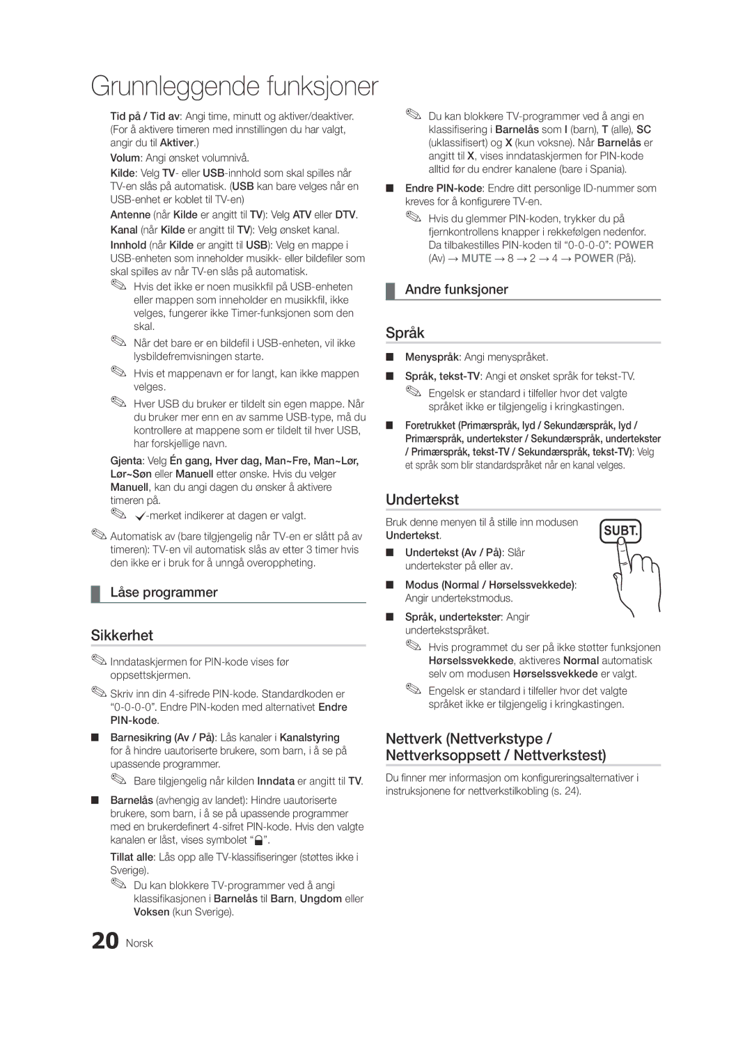 Samsung UE46C5100QWXXU manual Sikkerhet, Nettverk Nettverkstype / Nettverksoppsett / Nettverkstest, Låse programmer 