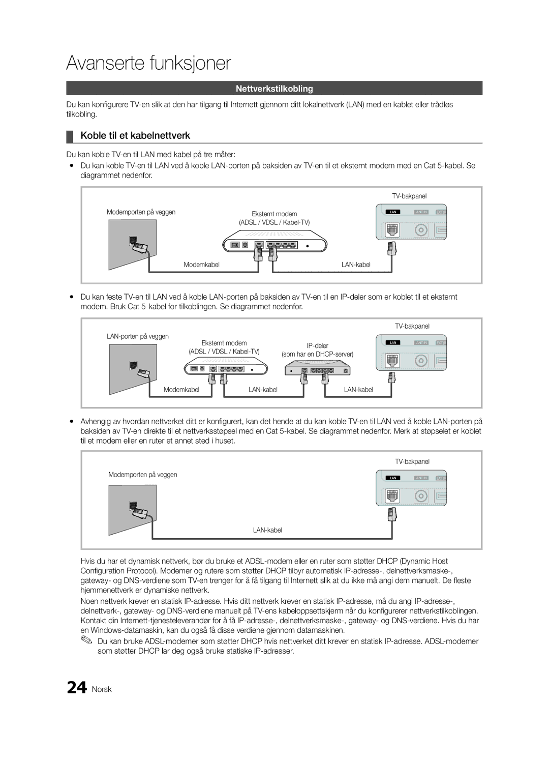 Samsung UE32C5105QWXXE manual Koble til et kabelnettverk, Nettverkstilkobling, Modemporten på veggen, LAN-porten på veggen 