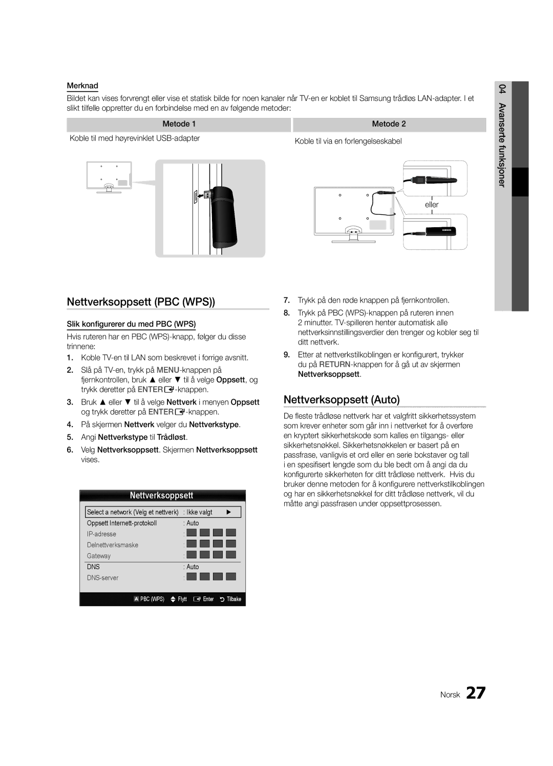 Samsung UE32C5100QWXXN, UE46C5100QWXZG, UE40C5100QWXXN manual Nettverksoppsett PBC WPS, Koble til via en forlengelseskabel 