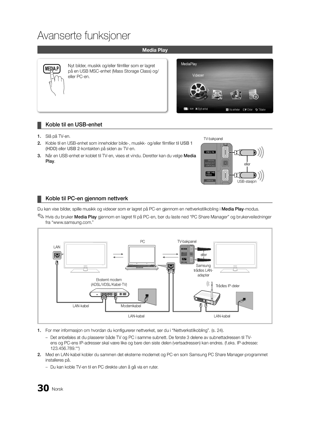 Samsung UE37C5100QWXZG, UE46C5100QWXZG, UE40C5100QWXXN manual Koble til en USB-enhet, Koble til PC-en gjennom nettverk 