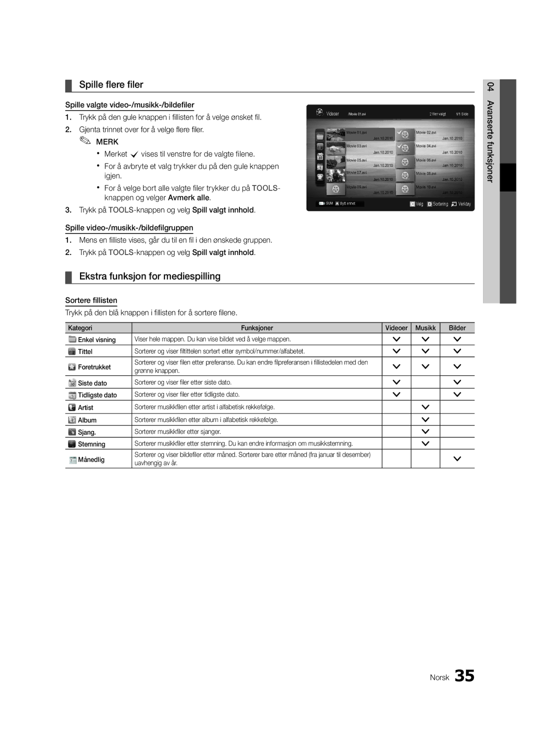 Samsung UE37C5100QWXZF manual Spille flere filer, Ekstra funksjon for mediespilling, Grønne knappen, Uavhengig av år 