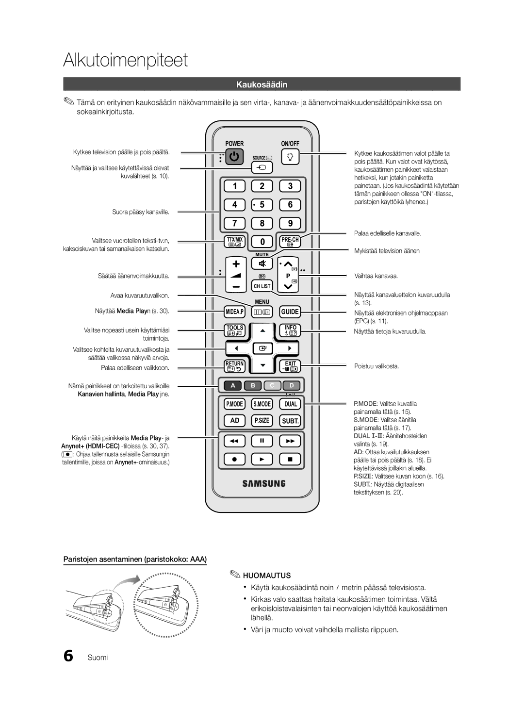 Samsung UE37C5100QWXXN manual Kaukosäädin, Paristojen asentaminen paristokoko AAA, Kytkee television päälle ja pois päältä 