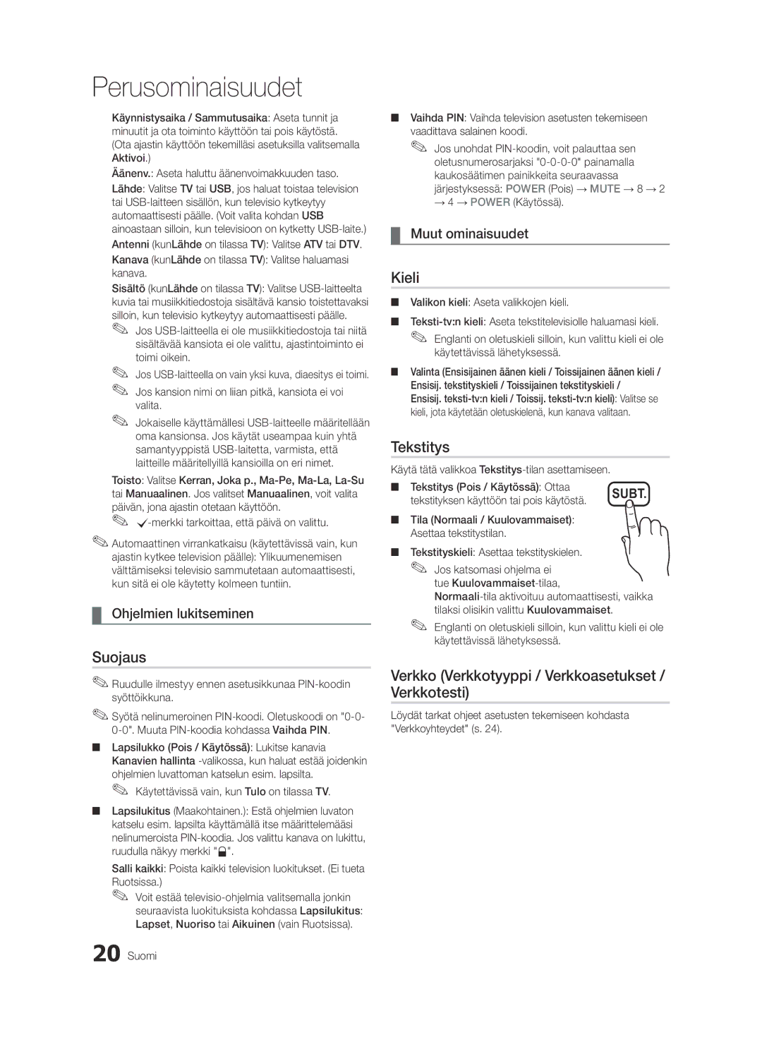 Samsung UE46C5100QWXXU, UE46C5100QWXZG manual Suojaus, Kieli, Tekstitys, Verkko Verkkotyyppi / Verkkoasetukset / Verkkotesti 