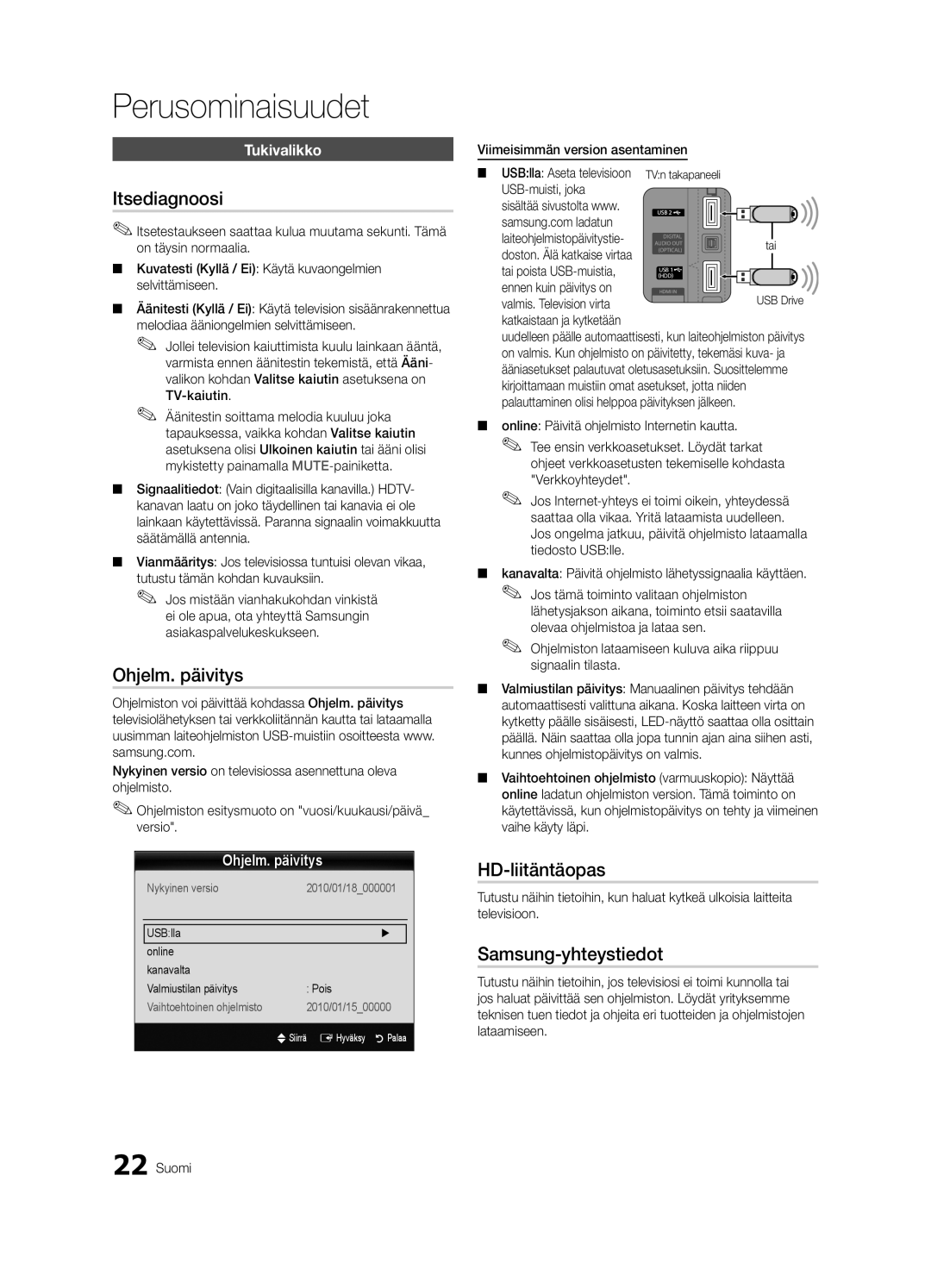 Samsung UE37C5105QWXXE, UE46C5100QWXZG manual Itsediagnoosi, Ohjelm. päivitys, HD-liitäntäopas, Samsung-yhteystiedot 