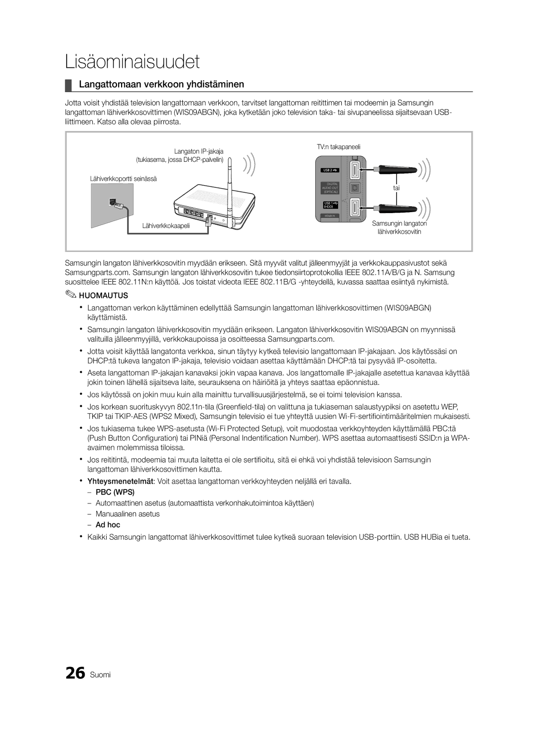 Samsung UE40C5100QWXXN, UE46C5100QWXZG, UE32C5100QWXXN, UE32C5100QWXZG manual Langattomaan verkkoon yhdistäminen, Tai 