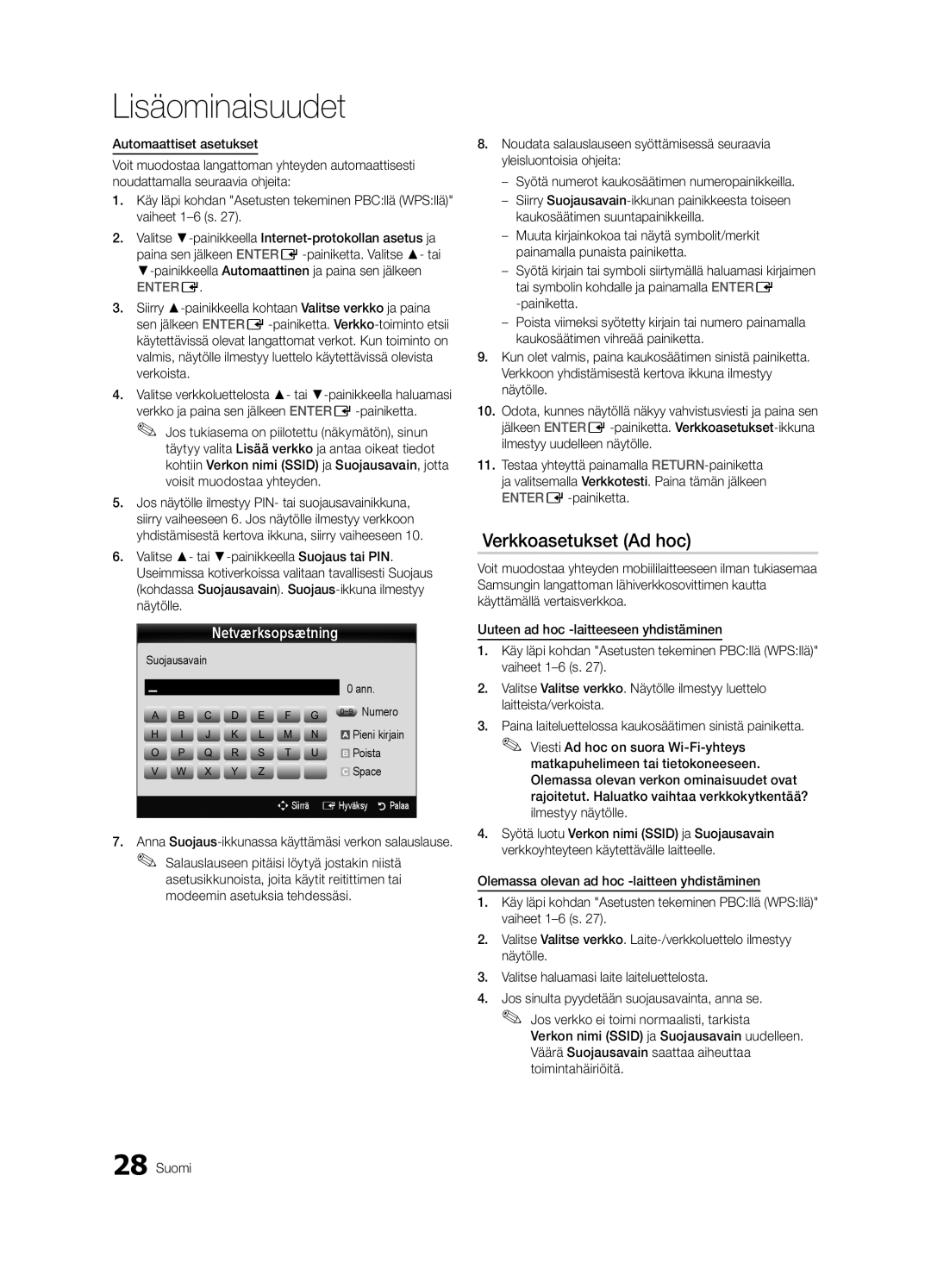 Samsung UE32C5100QWXZG, UE46C5100QWXZG manual Verkkoasetukset Ad hoc, Suojausavain Ann ~9 Numero Pieni kirjain Poista Space 