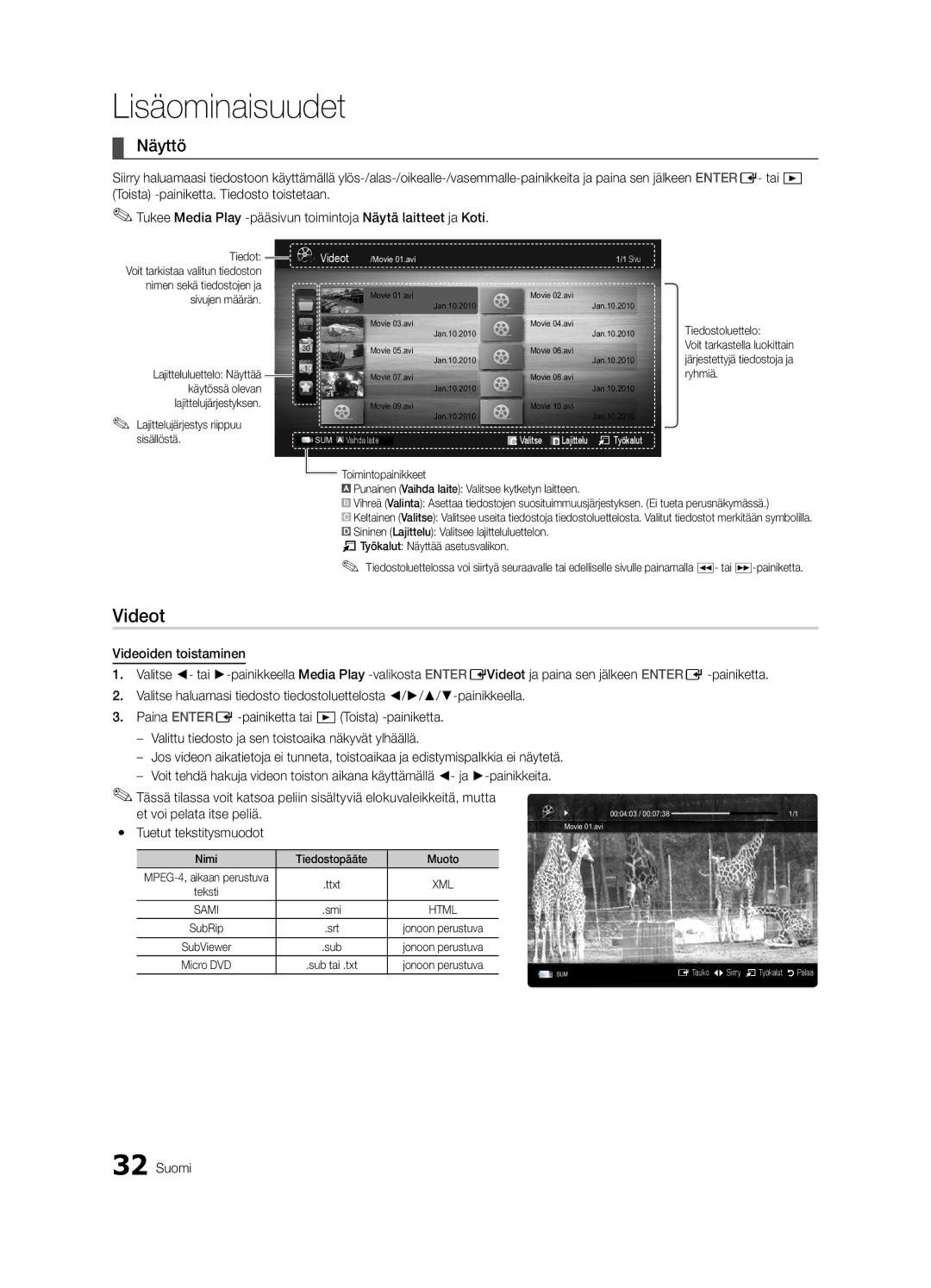 Samsung UE46C5100QWXXN, UE46C5100QWXZG, UE40C5100QWXXN, UE32C5100QWXXN manual Videot, Näyttö, Et voi pelata itse peliä 