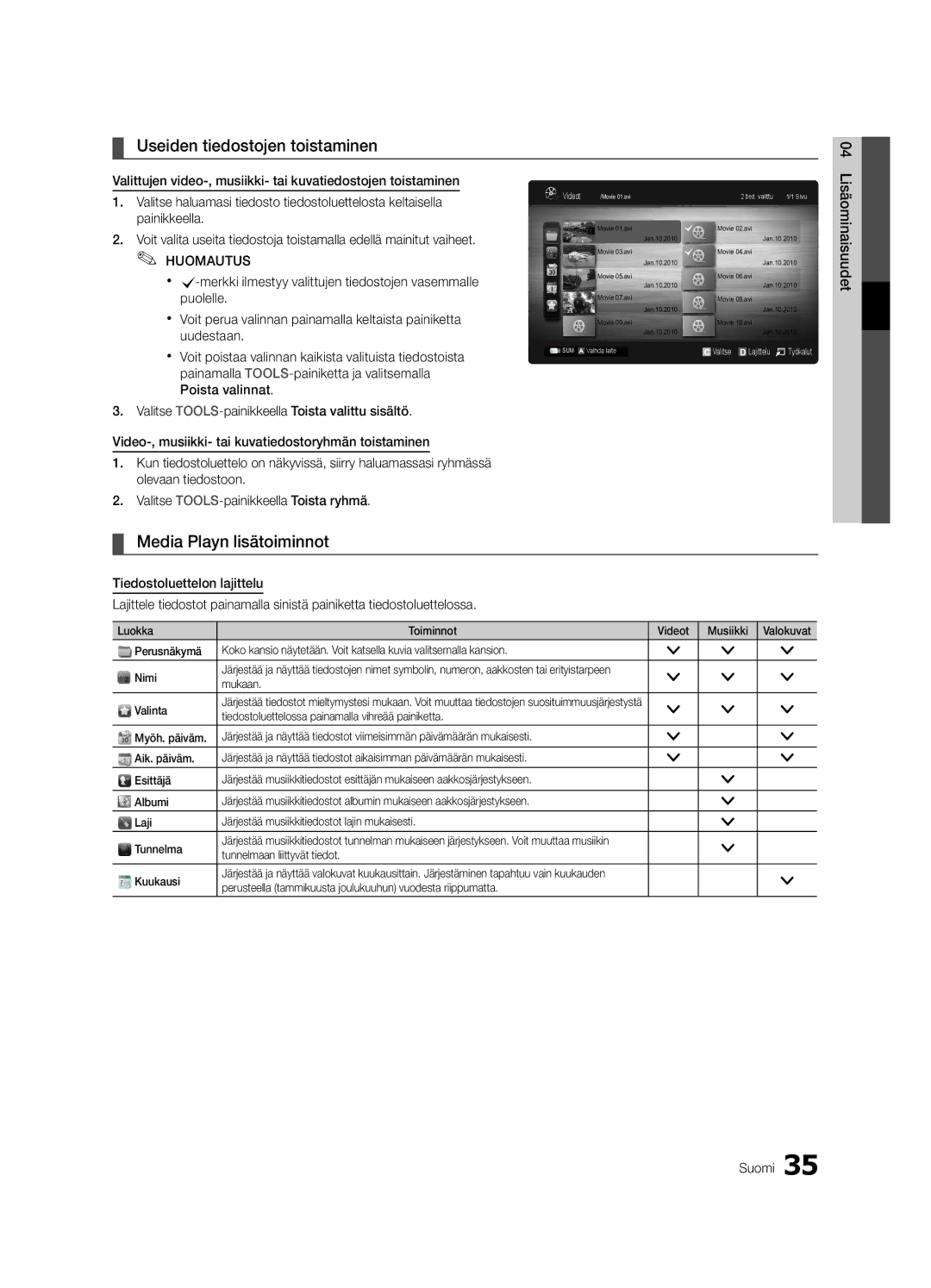 Samsung UE37C5100QWXZF, UE46C5100QWXZG manual Useiden tiedostojen toistaminen, Media Playn lisätoiminnot, Lisäominaisuudet 