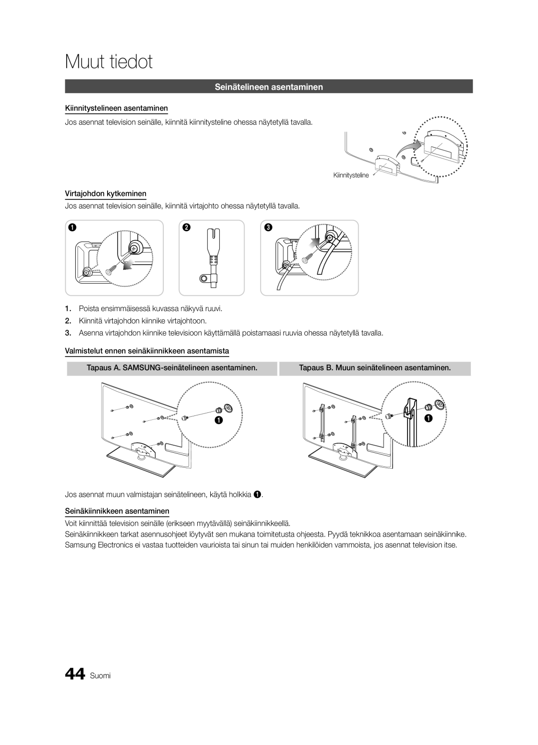 Samsung UE46C5100QWXZT, UE46C5100QWXZG, UE40C5100QWXXN, UE32C5100QWXXN manual Seinätelineen asentaminen, Kiinnitysteline 