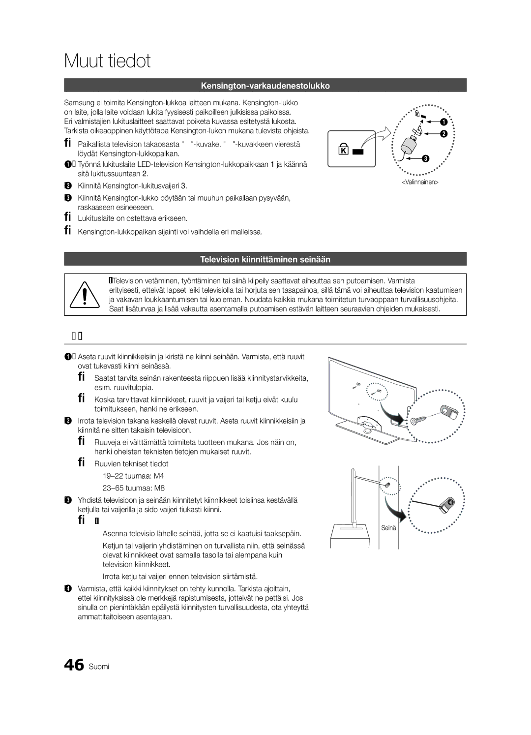 Samsung UE40C5105QWXXE Näin estät television putoamisen, Kensington-varkaudenestolukko, Television kiinnittäminen seinään 