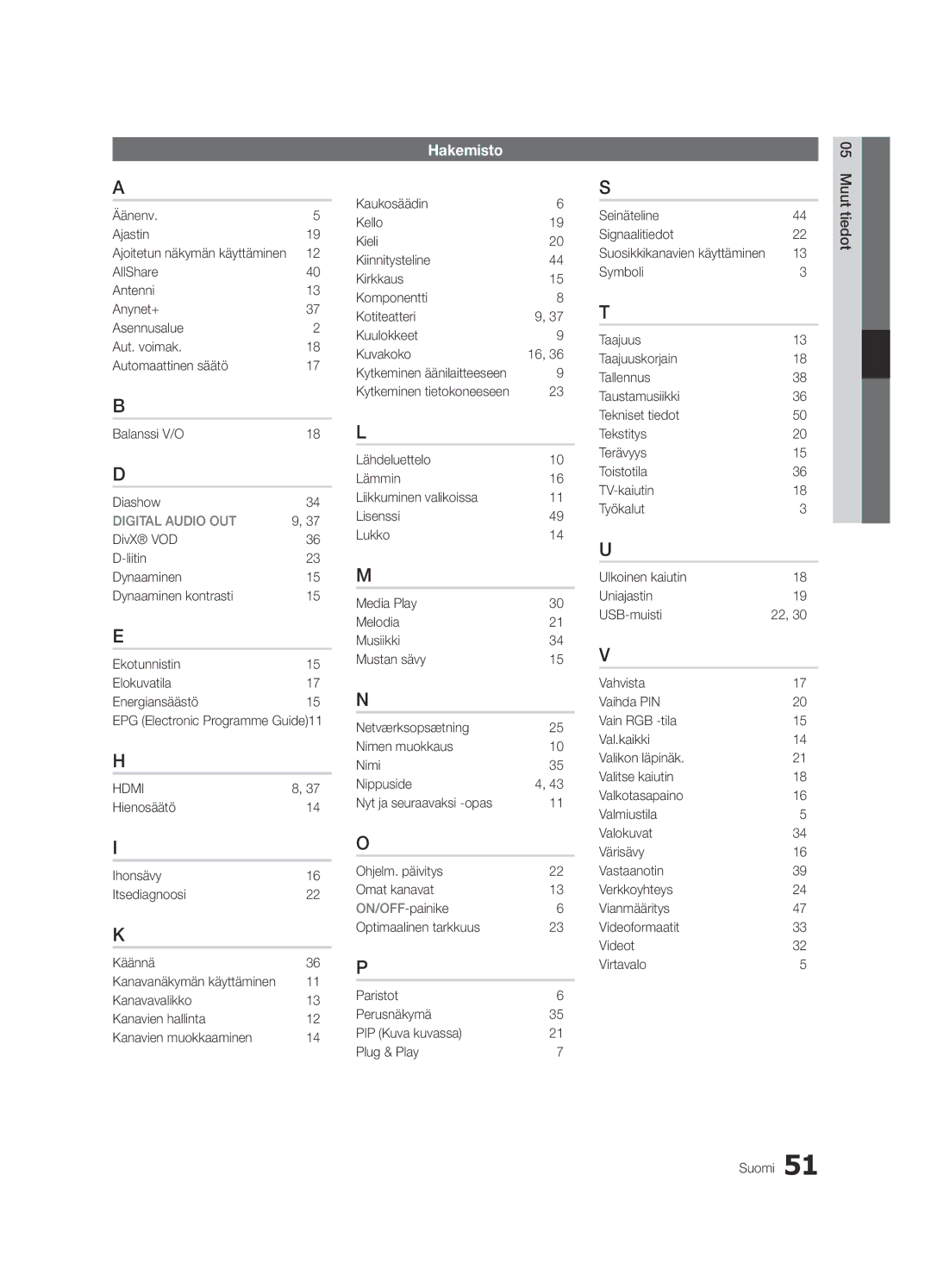 Samsung UE40C5100QWXXN, UE46C5100QWXZG, UE32C5100QWXXN manual Hakemisto, Äänenv Ajastin, Ajoitetun näkymän käyttäminen 