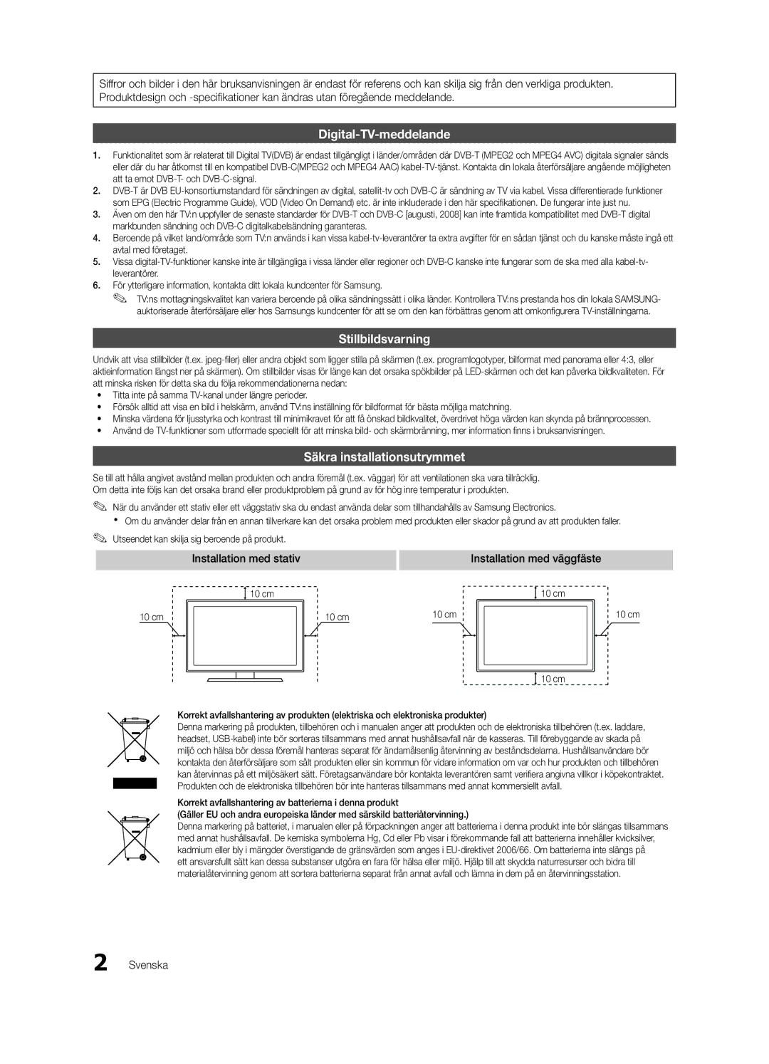 Samsung UE32C5100QWXXN, UE46C5100QWXZG, UE40C5100QWXXN manual Installation med stativ Installation med väggfäste, Svenska 