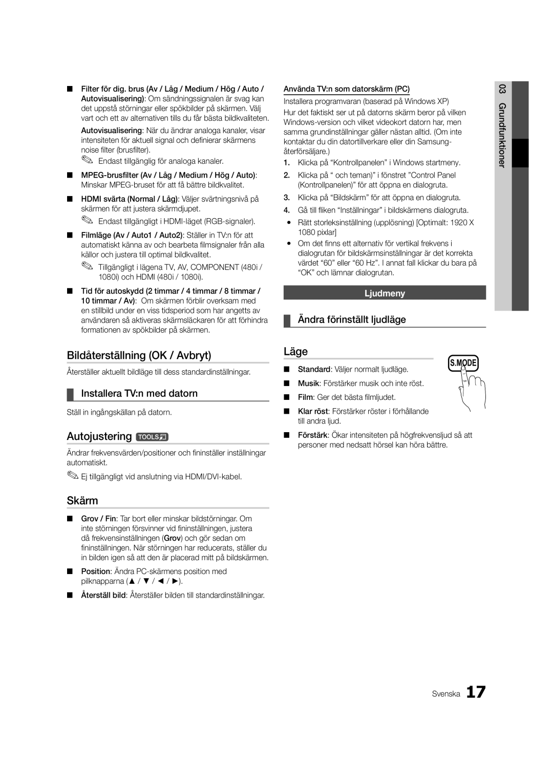 Samsung UE37C5100QWXZT, UE46C5100QWXZG Bildåterställning OK / Avbryt, Autojustering t, Skärm, Ändra förinställt ljudläge 