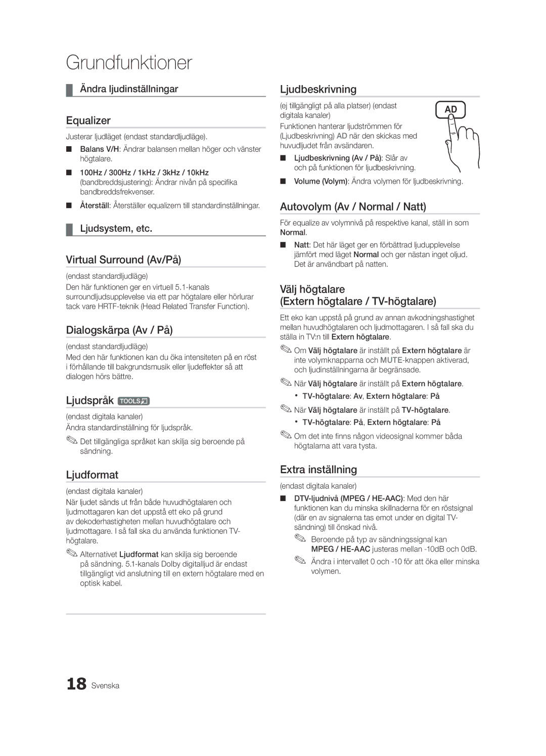 Samsung UE32C5100QWXZT manual Virtual Surround Av/På, Dialogskärpa Av / På, Ljudspråk t, Ljudformat, Ljudbeskrivning 