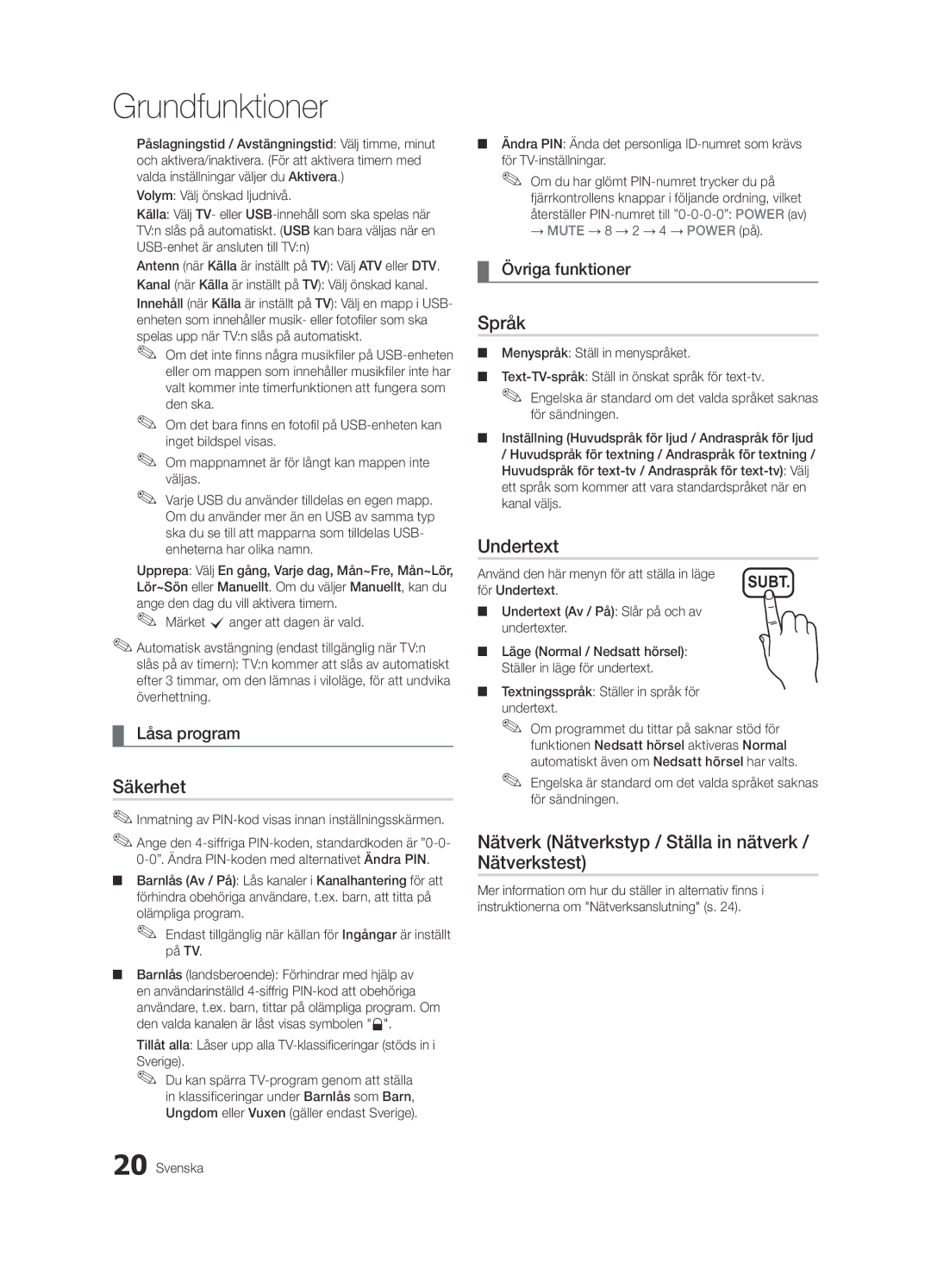 Samsung UE46C5100QWXXU Säkerhet, Språk, Undertext, Nätverk Nätverkstyp / Ställa in nätverk / Nätverkstest, Låsa program 