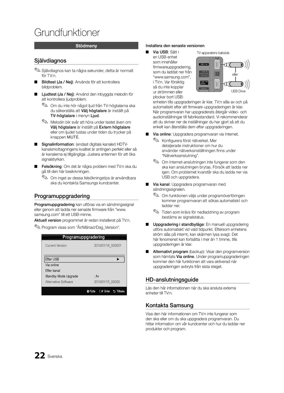 Samsung UE37C5105QWXXE, UE46C5100QWXZG manual Självdiagnos, Programuppgradering, HD-anslutningsguide, Kontakta Samsung 