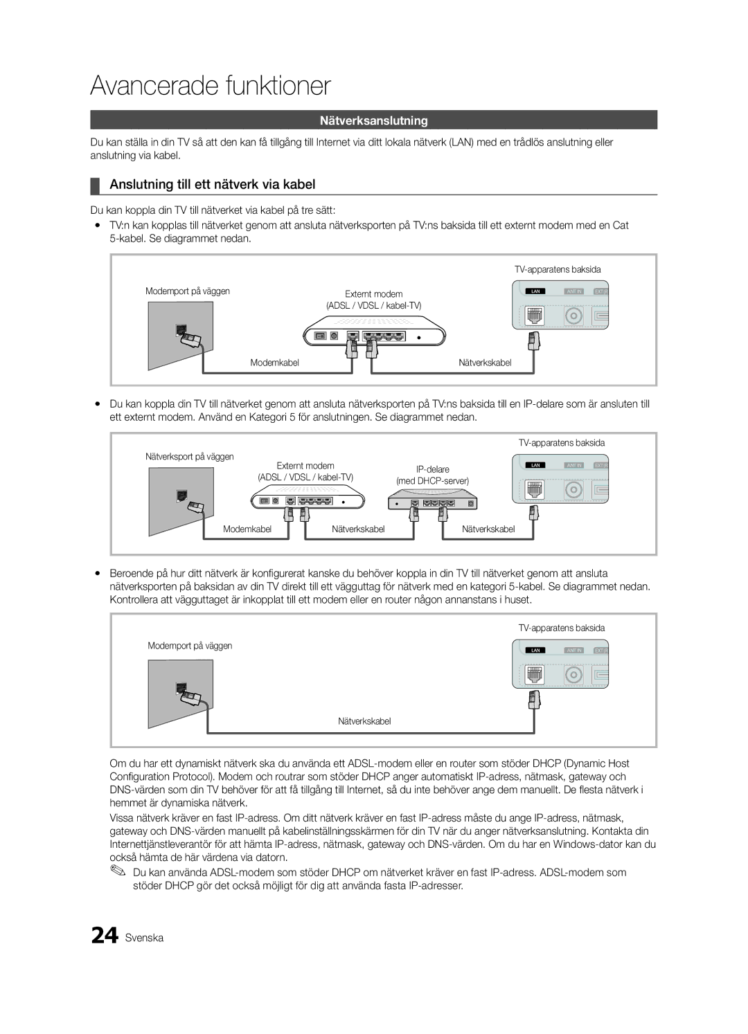 Samsung UE32C5105QWXXE, UE46C5100QWXZG manual Anslutning till ett nätverk via kabel, Nätverksanslutning, Modemport på väggen 