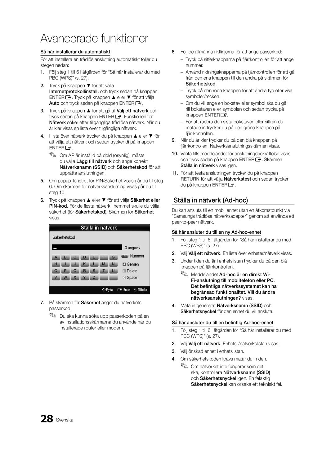 Samsung UE32C5100QWXZG, UE46C5100QWXZG, UE40C5100QWXXN manual Ställa in nätverk Ad-hoc, Säkerhetskod Angavs ~9 Nummer 