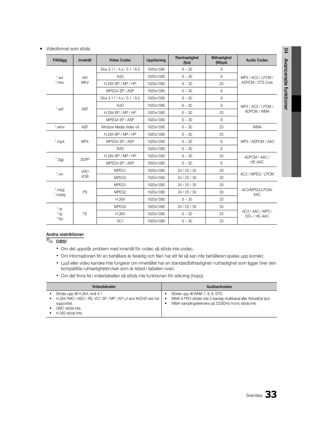 Samsung UE46C5100QWXXC, UE46C5100QWXZG, UE40C5100QWXXN, UE32C5100QWXXN, UE32C5100QWXZG manual Yy Videoformat som stöds, Mkv 