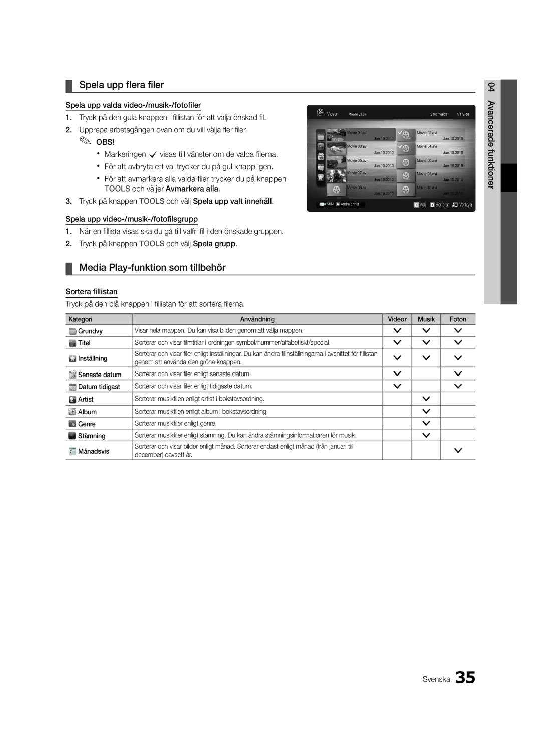 Samsung UE37C5100QWXZF manual Spela upp flera filer, Media Play-funktion som tillbehör, Månadsvis, December oavsett år 