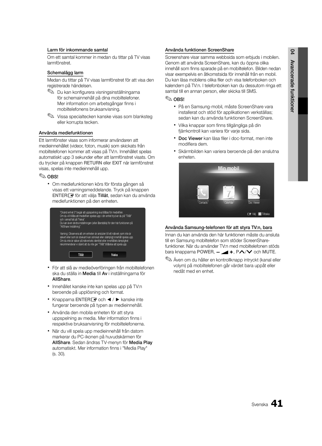 Samsung UE40C5100QWXZT, UE46C5100QWXZG, UE40C5100QWXXN manual Min mobil, Använda Samsung-telefonen för att styra TVn, bara 