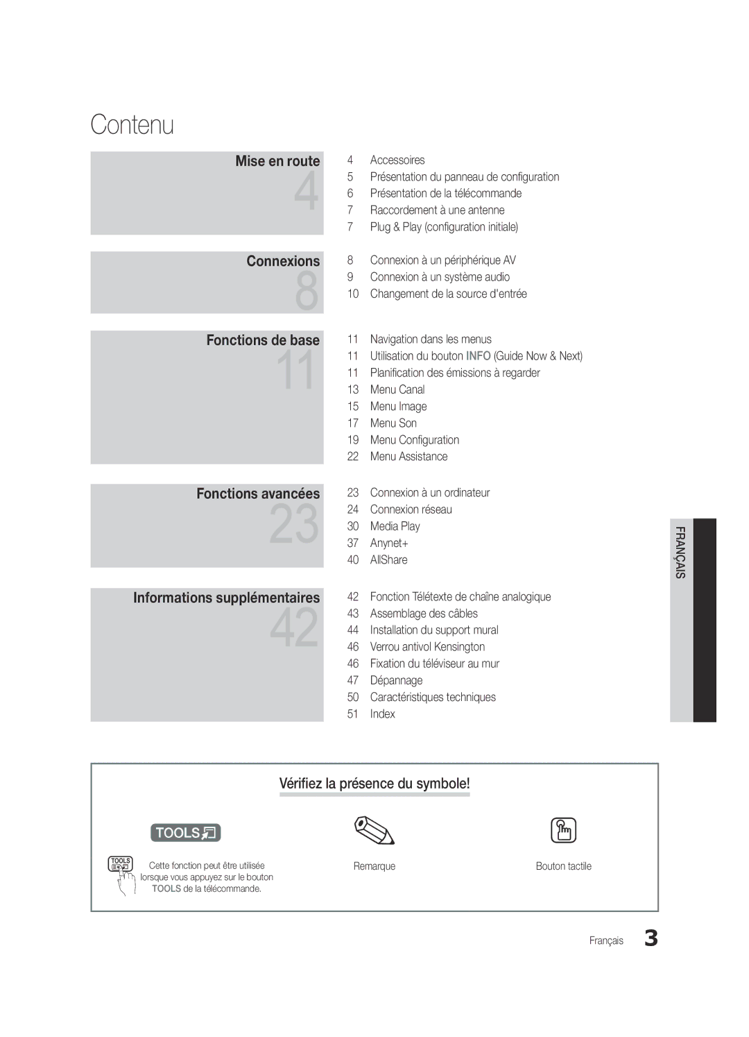 Samsung UE46C5100QWXXN, UE46C5100QWXZG, UE40C5100QWXXN, UE32C5100QWXXN Contenu, Vérifiez la présence du symbole, Remarque 