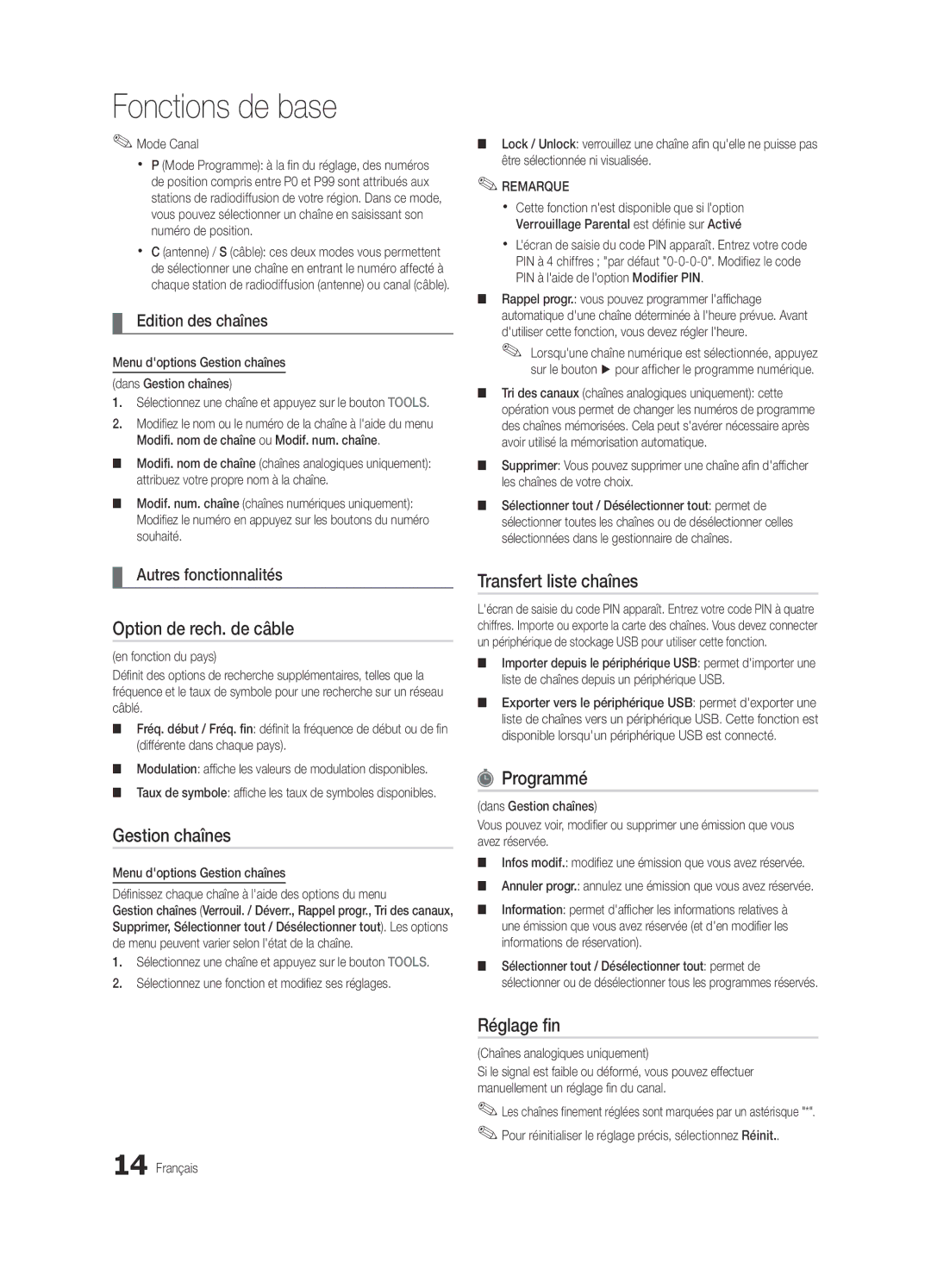 Samsung UE32C5100QWXXN, UE46C5100QWXZG manual Option de rech. de câble, Transfert liste chaînes, Programmé, Réglage fin 