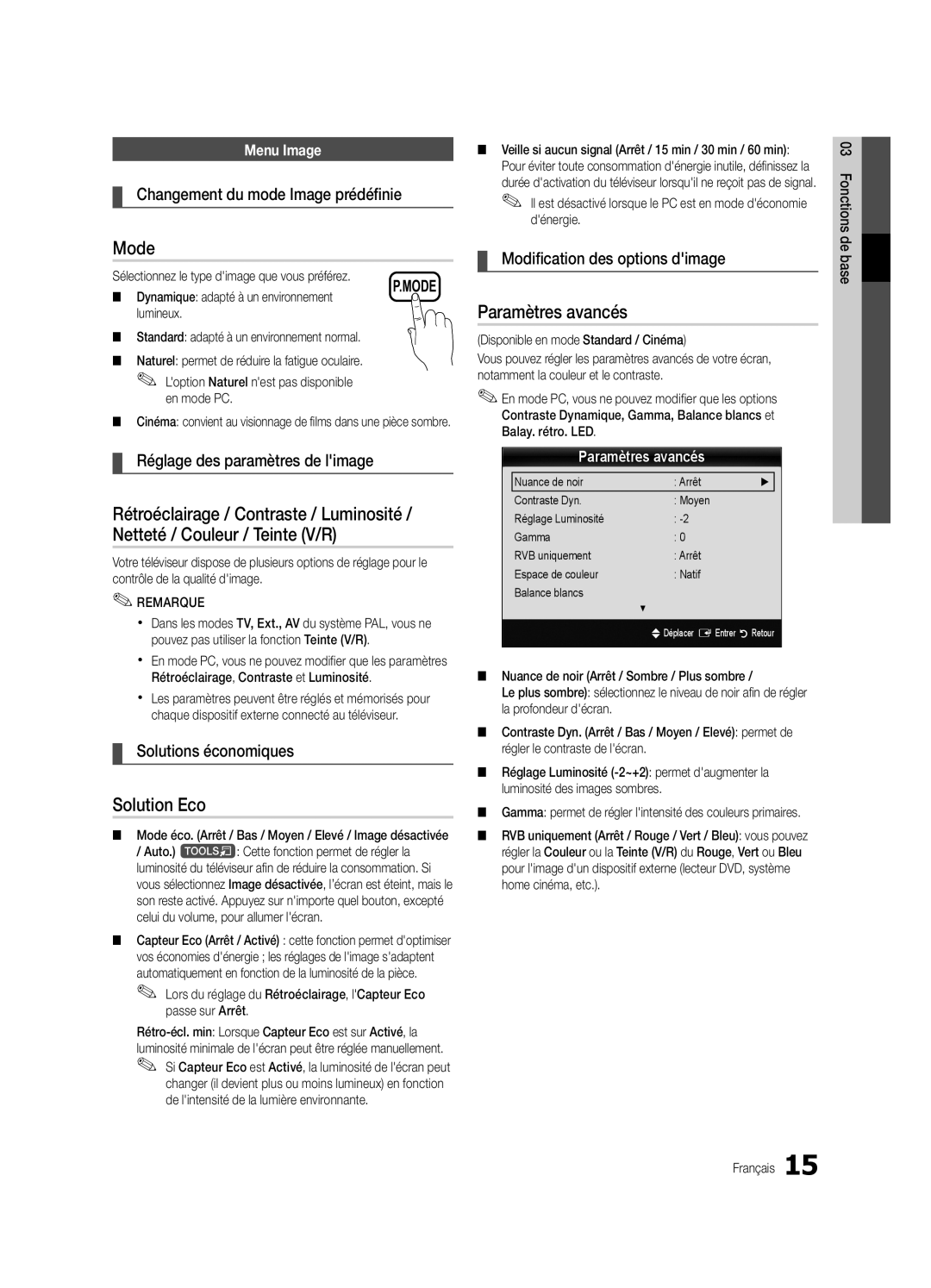 Samsung UE32C5100QWXZG manual Solution Eco, Paramètres avancés, Changement du mode Image prédéfinie, Solutions économiques 