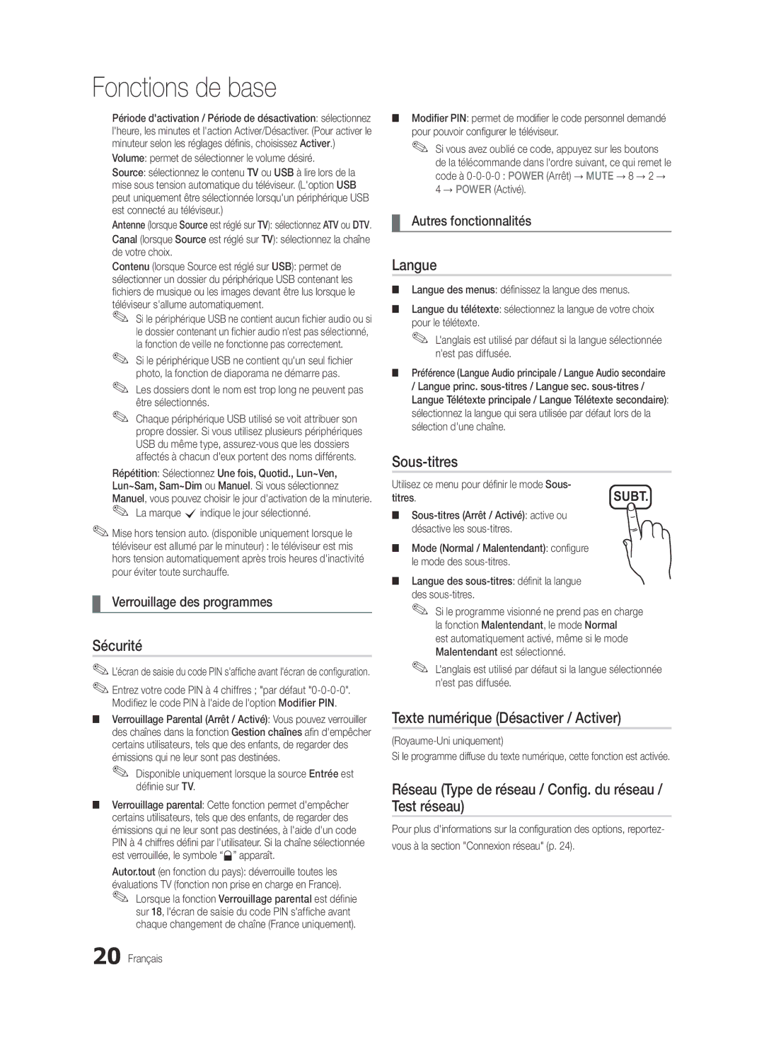 Samsung UE37C5100QWXXC, UE46C5100QWXZG, UE40C5100QWXXN Sécurité, Langue, Sous-titres, Texte numérique Désactiver / Activer 