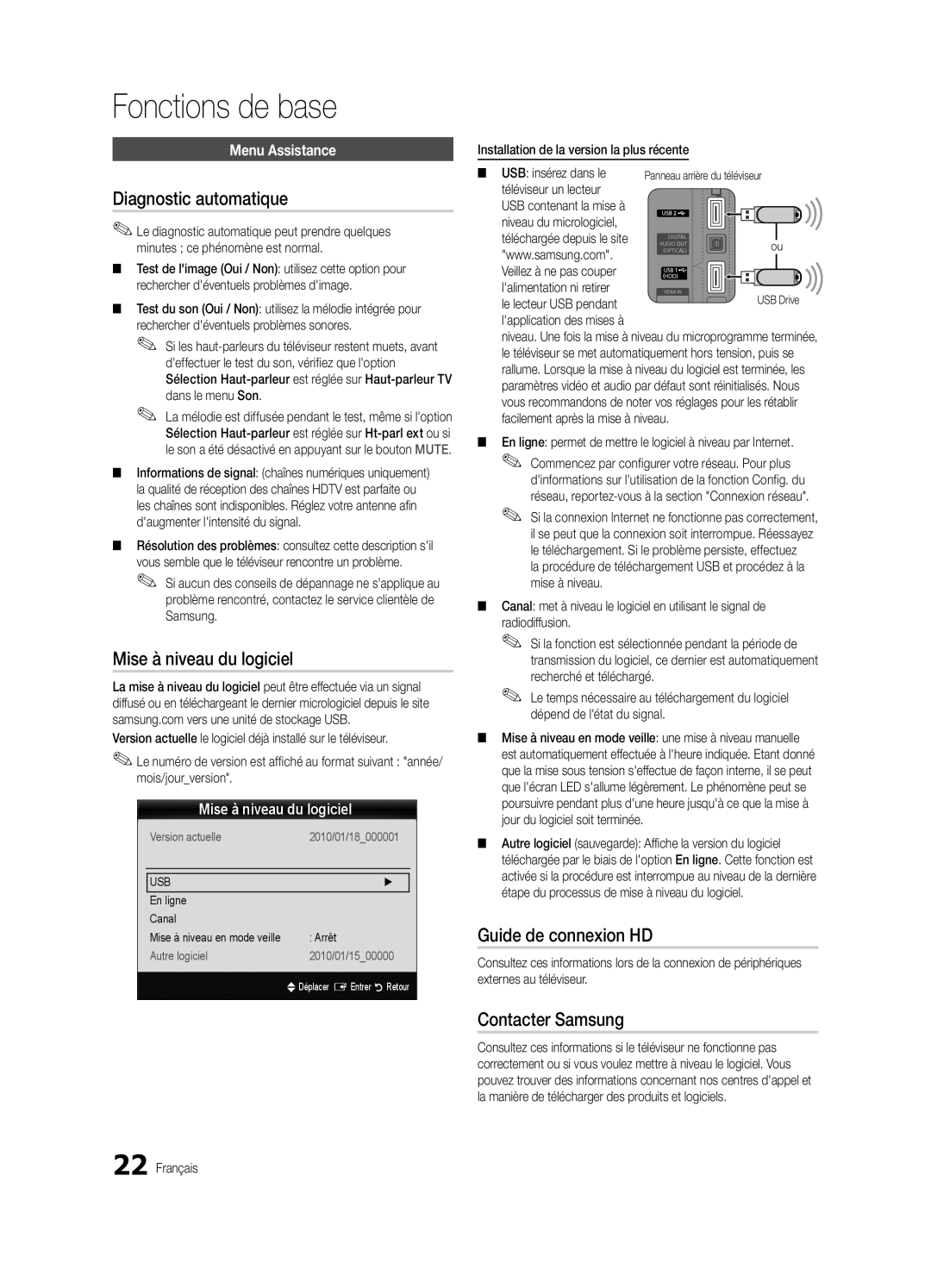 Samsung UE32C5100QWXXC manual Diagnostic automatique, Mise à niveau du logiciel, Guide de connexion HD, Contacter Samsung 