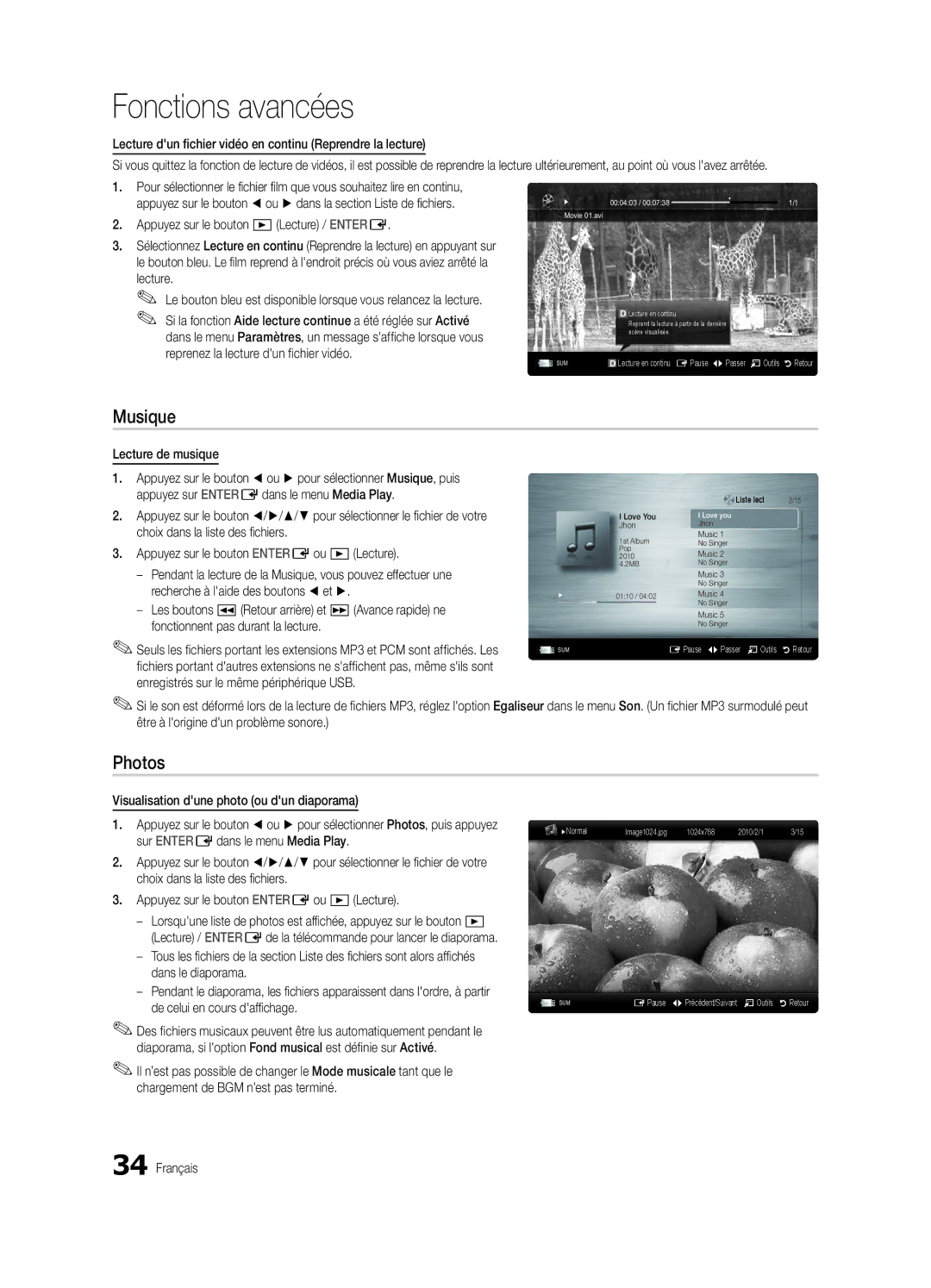 Samsung UE37C5100QWXXN manual Musique, Lecture dun fichier vidéo en continu Reprendre la lecture, Lecture de musique 