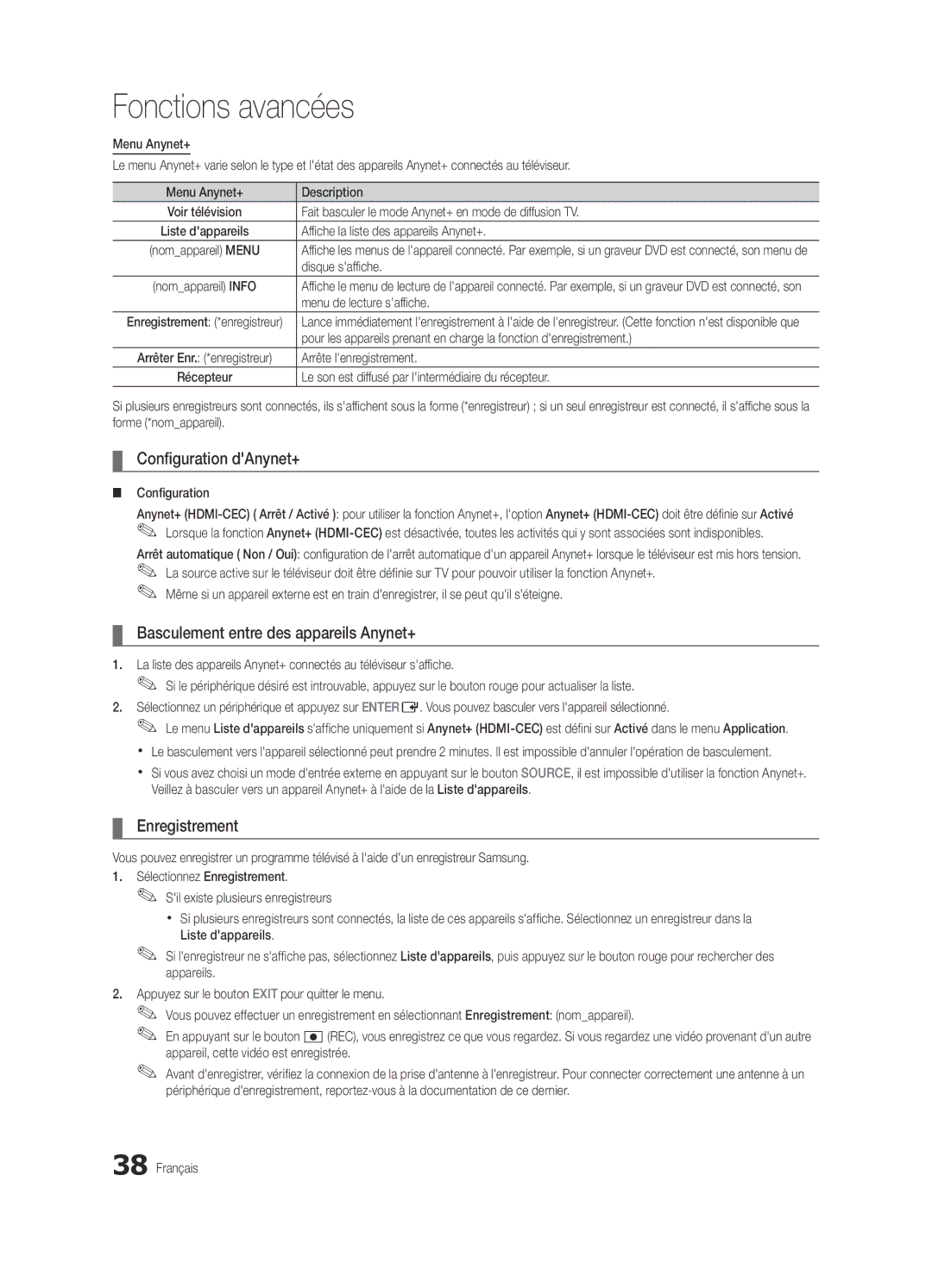 Samsung UE32C5100QWXXC, UE46C5100QWXZG Configuration dAnynet+, Basculement entre des appareils Anynet+, Enregistrement 