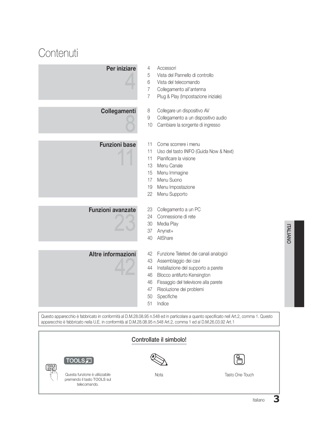 Samsung UE46C5100QWXZF, UE46C5100QWXZG, UE40C5100QWXXN, UE32C5100QWXXN manual Contenuti, Controllate il simbolo, Nota 