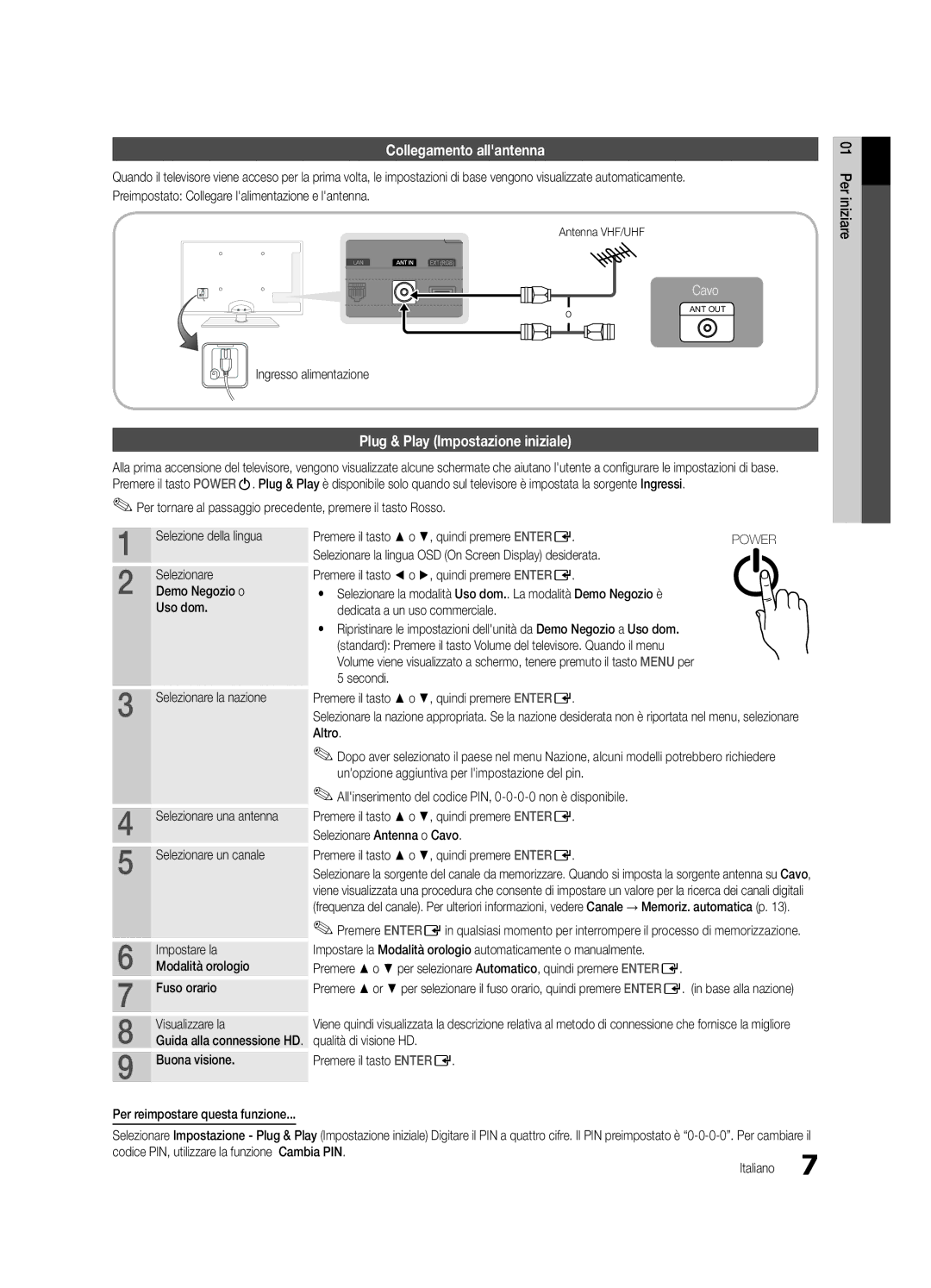 Samsung UE32C5100QWXZT, UE46C5100QWXZG, UE40C5100QWXXN manual Collegamento allantenna, Plug & Play Impostazione iniziale 