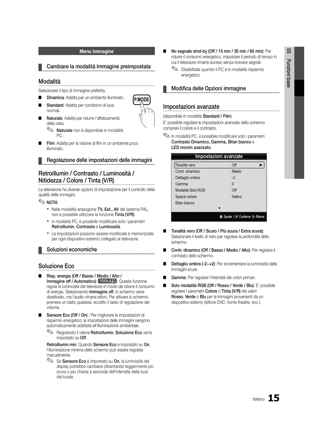 Samsung UE37C5100QWXZG, UE46C5100QWXZG, UE40C5100QWXXN, UE32C5100QWXXN manual Modalità, Soluzione Eco, Impostazioni avanzate 