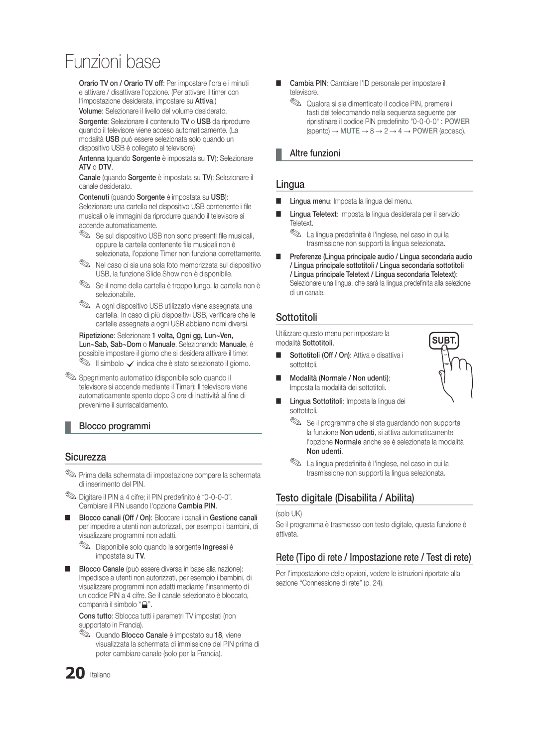 Samsung UE32C5100QWXXC manual Sicurezza, Lingua, Sottotitoli, Testo digitale Disabilita / Abilita, Blocco programmi 