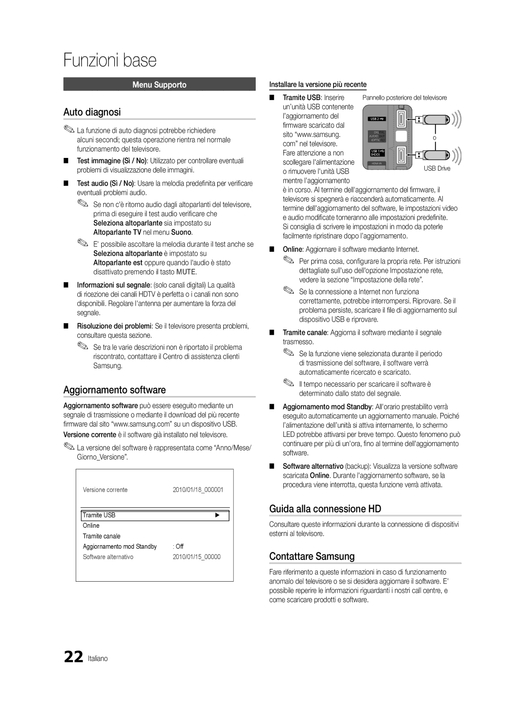 Samsung UE37C5100QWXZT manual Auto diagnosi, Aggiornamento software, Guida alla connessione HD, Contattare Samsung 