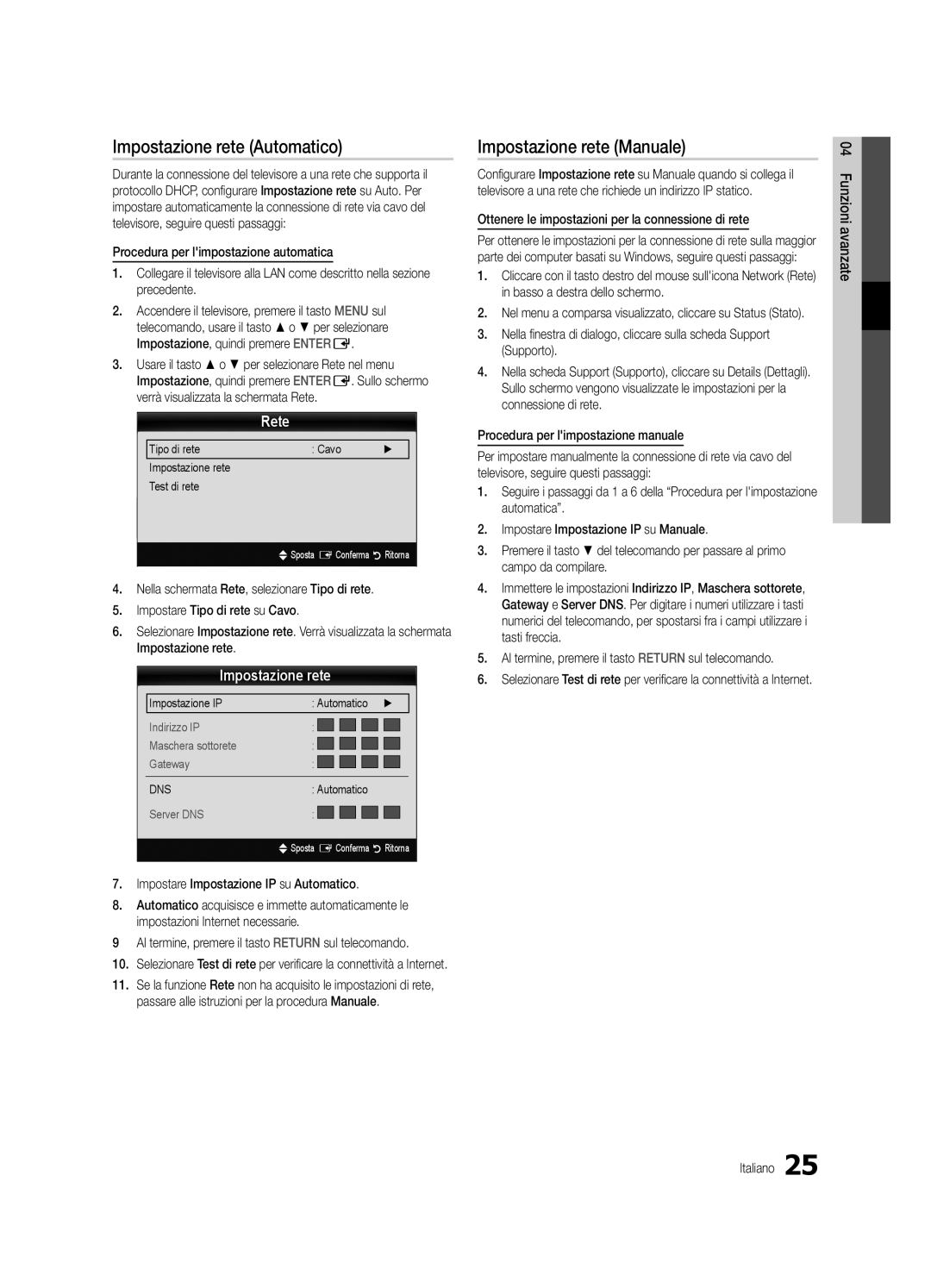 Samsung UE46C5100QWXXU, UE46C5100QWXZG, UE40C5100QWXXN manual Impostazione rete Automatico, Impostazione rete Manuale, Rete 