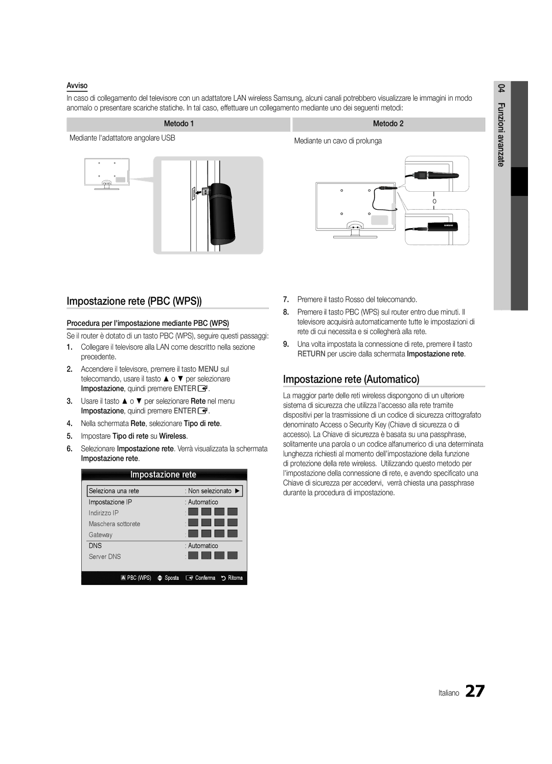 Samsung UE40C5100QWXXN manual Impostazione rete PBC WPS, Avviso, Metodo, Procedura per limpostazione mediante PBC WPS 