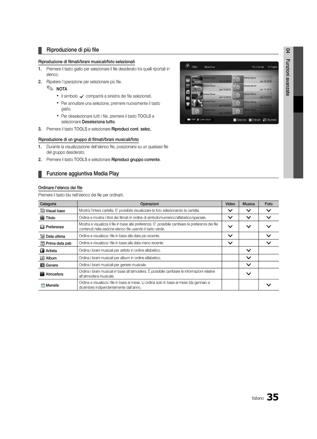 Samsung UE46C5100QWXZF Riproduzione di più file, Funzione aggiuntiva Media Play, Preferenze, Allatmosfera musicale Mensile 