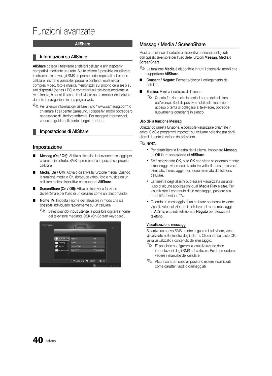 Samsung UE46C5100QWXZT manual Messag / Media / ScreenShare, Informazioni su AllShare, Impostazione di AllShare 