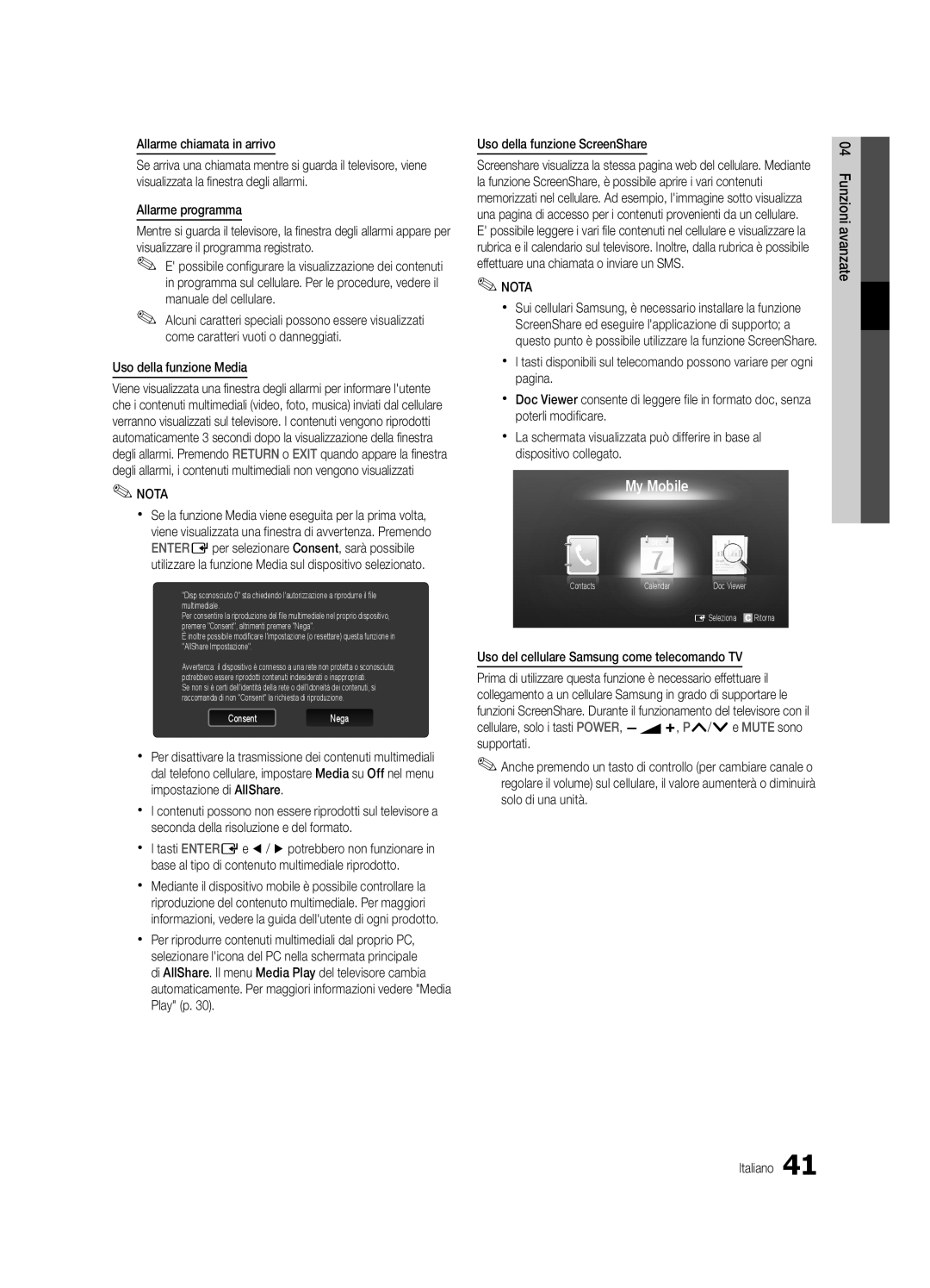 Samsung UE46C5100QWXXU, UE46C5100QWXZG manual Allarme chiamata in arrivo, Allarme programma, Uso della funzione Media 