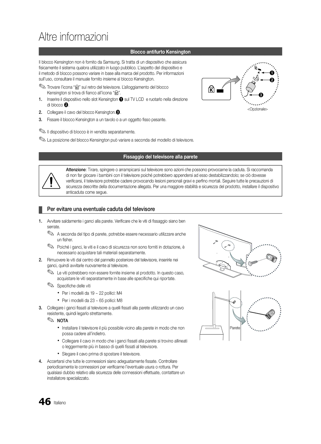 Samsung UE40C5100QWXZG, UE46C5100QWXZG manual Per evitare una eventuale caduta del televisore, Blocco antifurto Kensington 